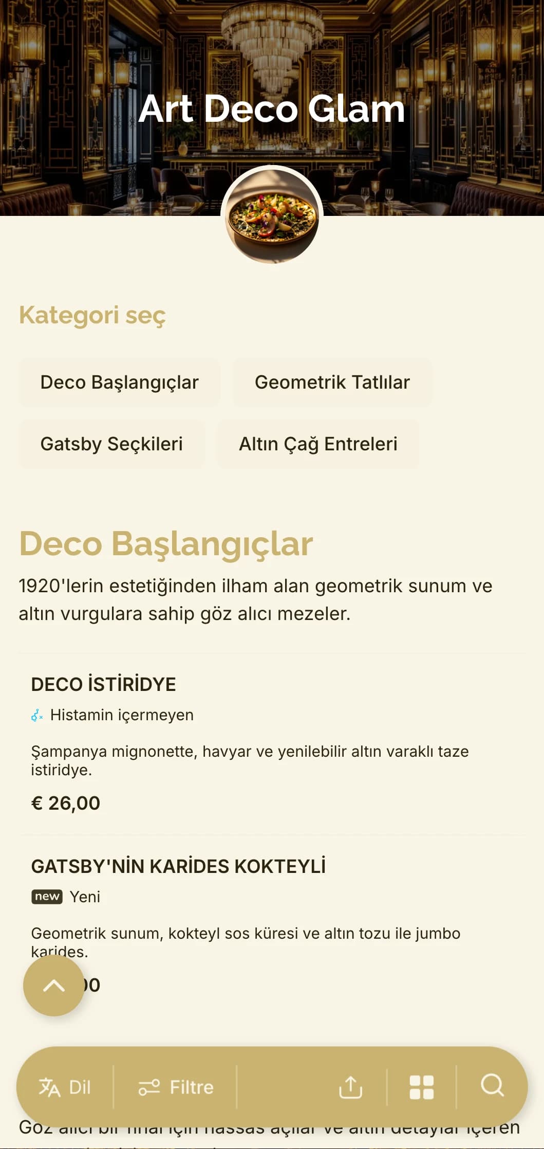 Zamansız ama çağdaş bir yemek deneyimi için geometrik desenlere ve altın vurgulara sahip 1920'lerden ilham alan göz alıcı tasarım.