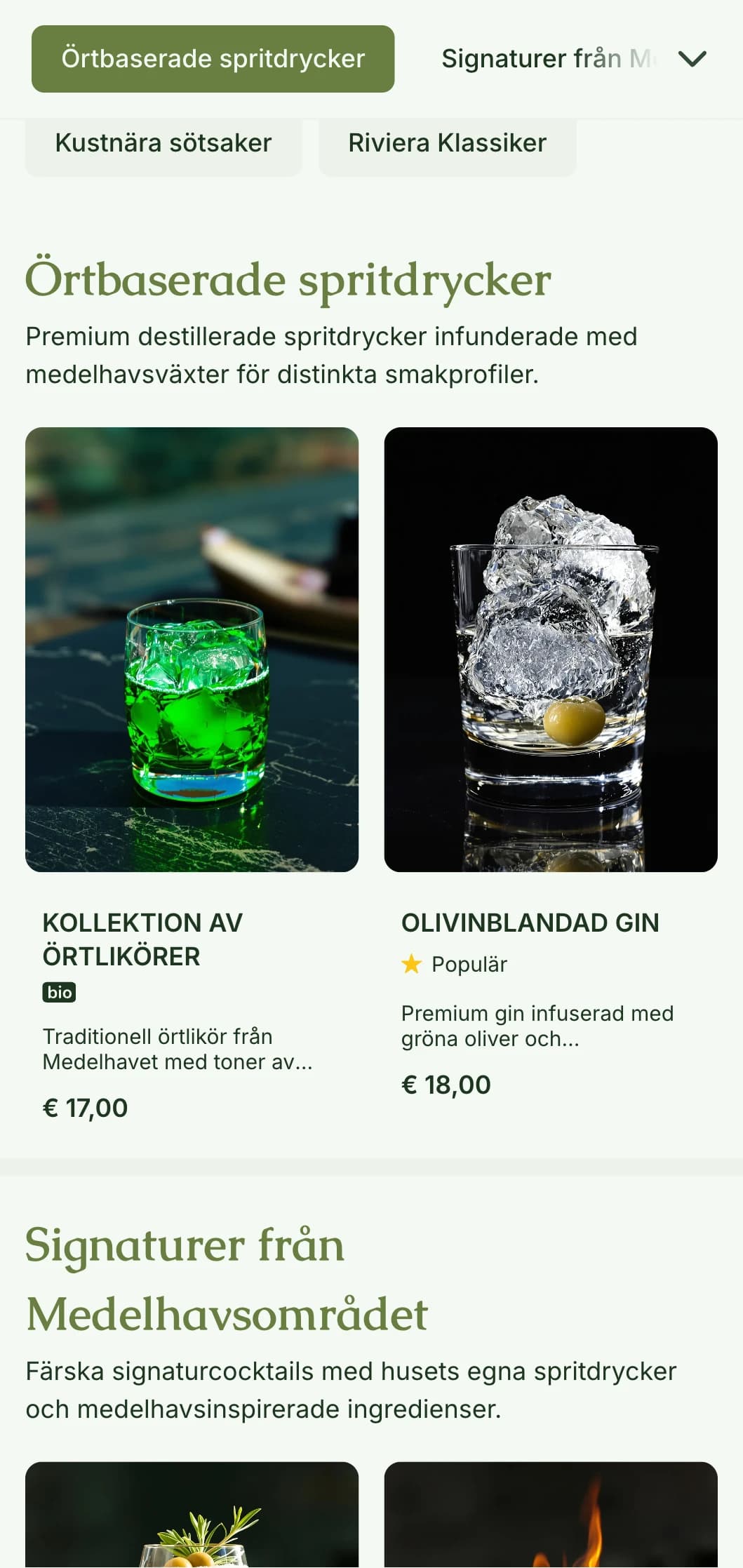 En medelhavsinspirerad design för barer som specialiserar sig på örtlikörer och botaniska cocktails med olivgröna toner.