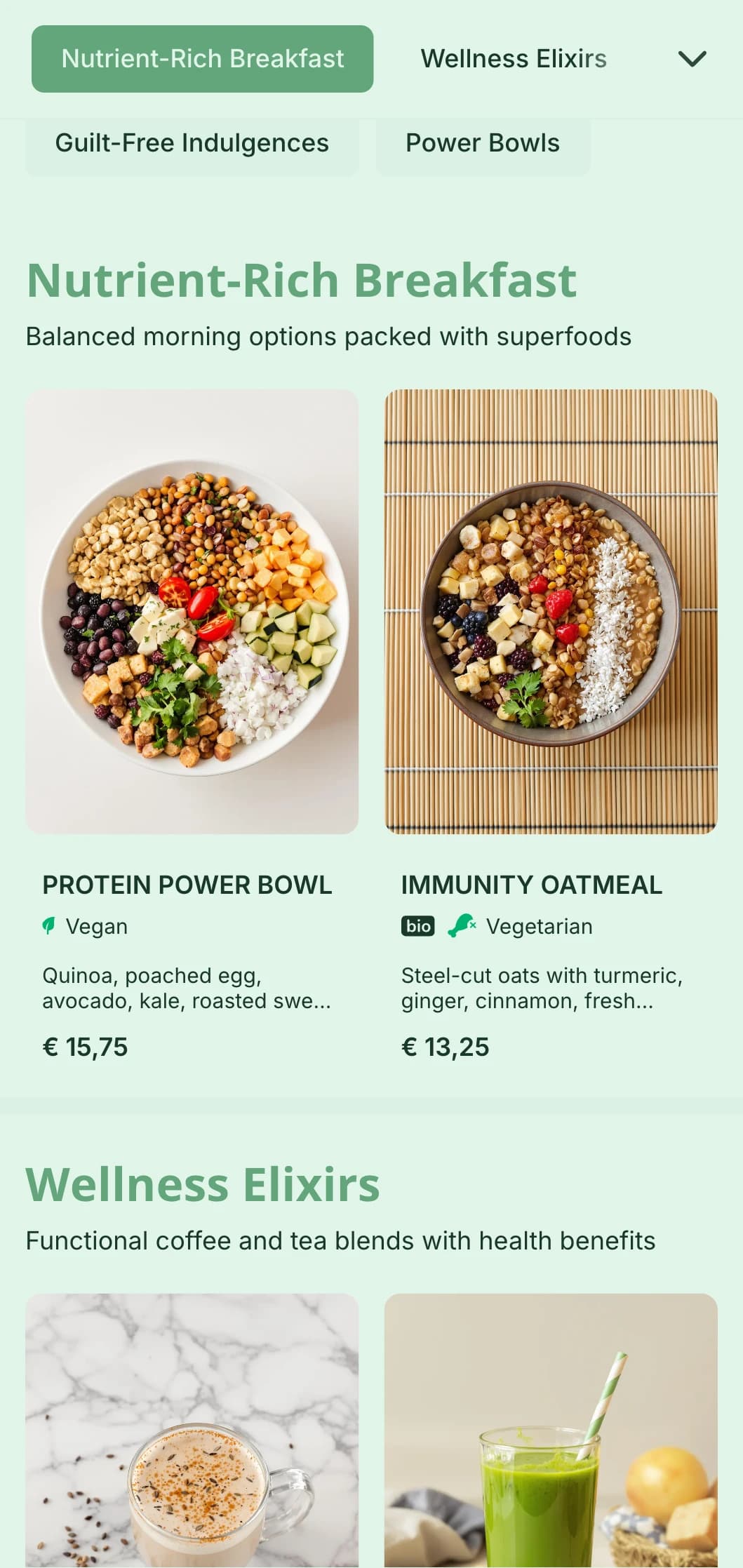 Fresh green design emphasizing healthy options for wellness-focused cafes and juice bars.