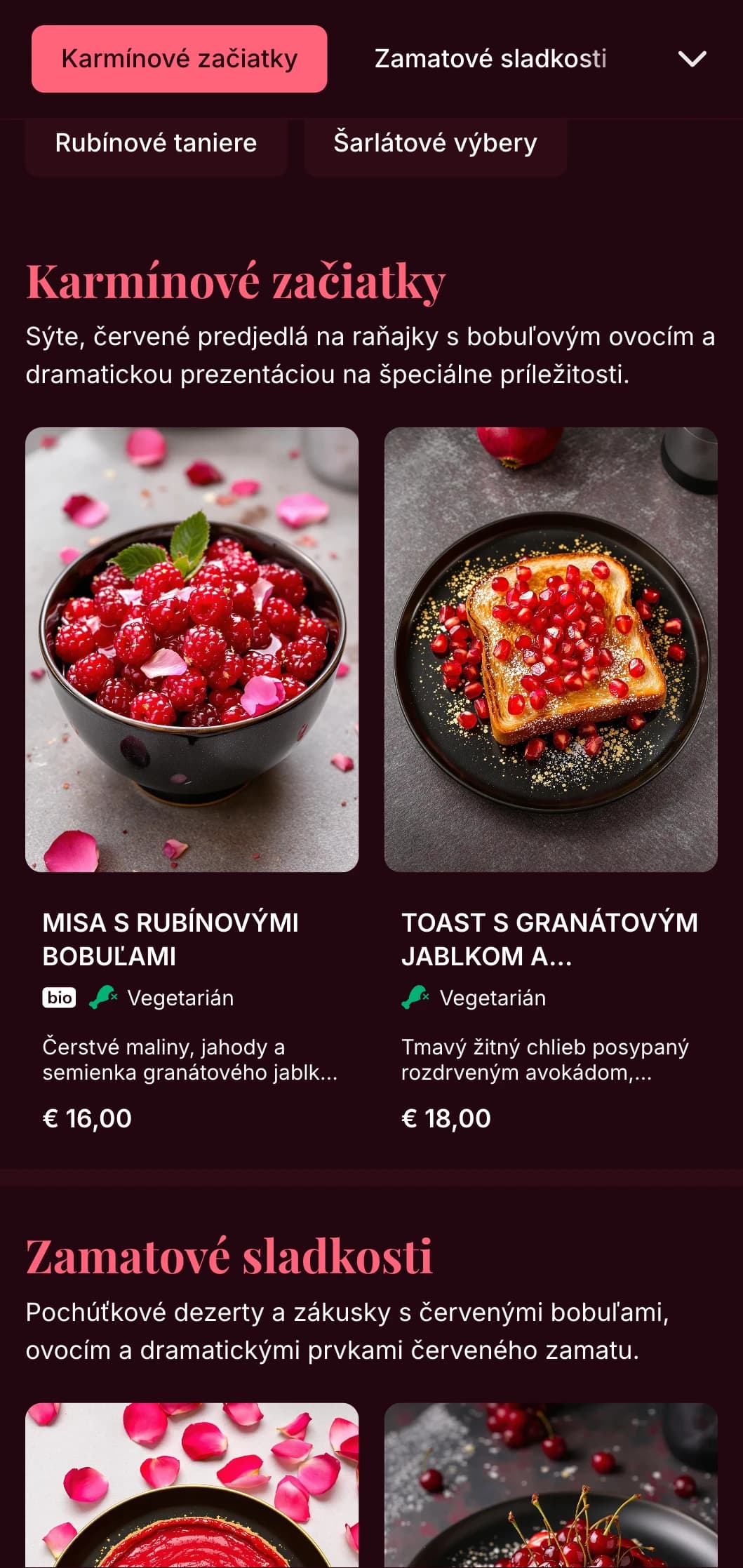 Sýta, červeno tónovaná šablóna na brunch s luxusnými detailmi, vhodná na romantický brunch a špeciálne príležitosti.