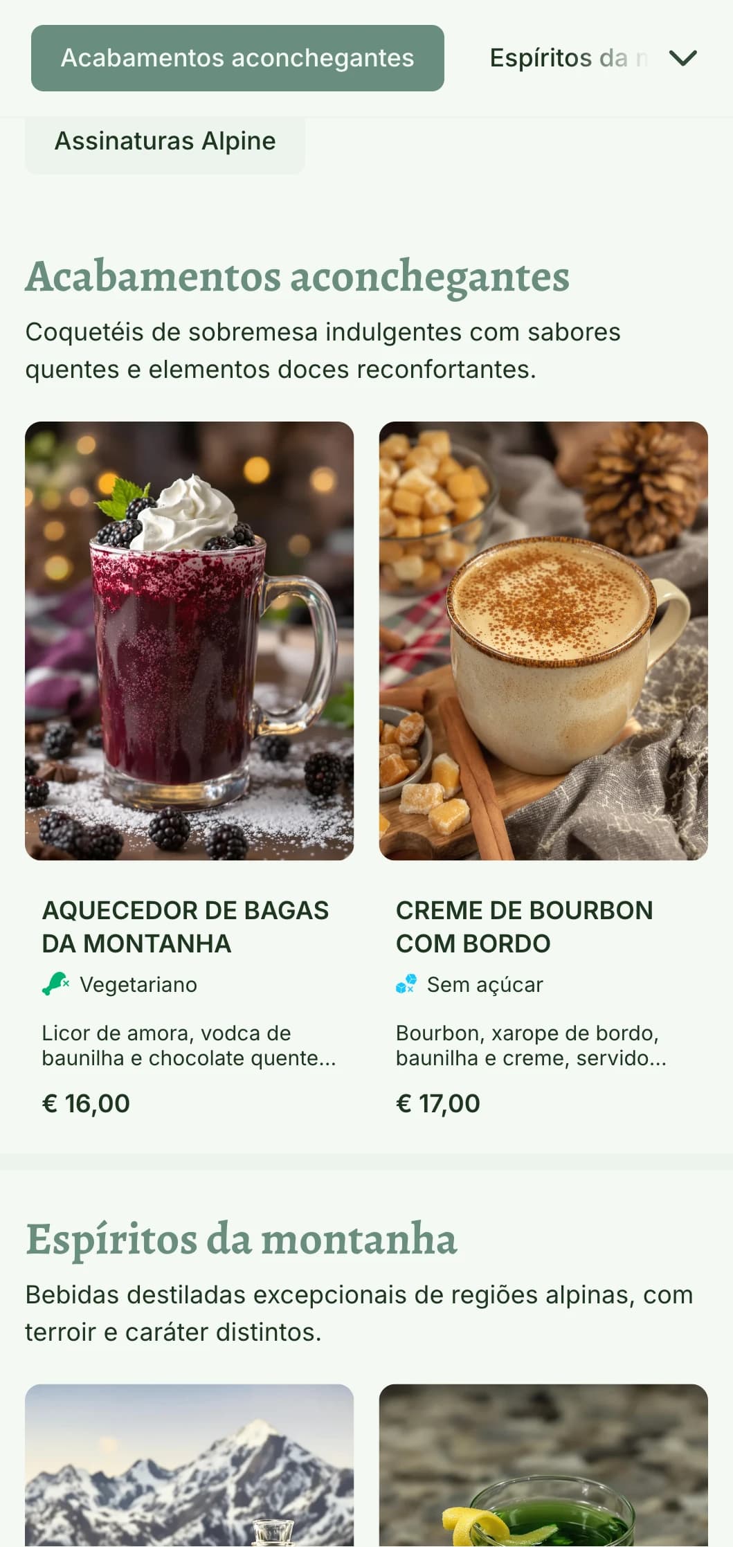 Um design aconchegante, inspirado nas montanhas, para bares de estações de esqui e alojamentos alpinos, com elementos naturais e aconchegantes e tipografia rústica.