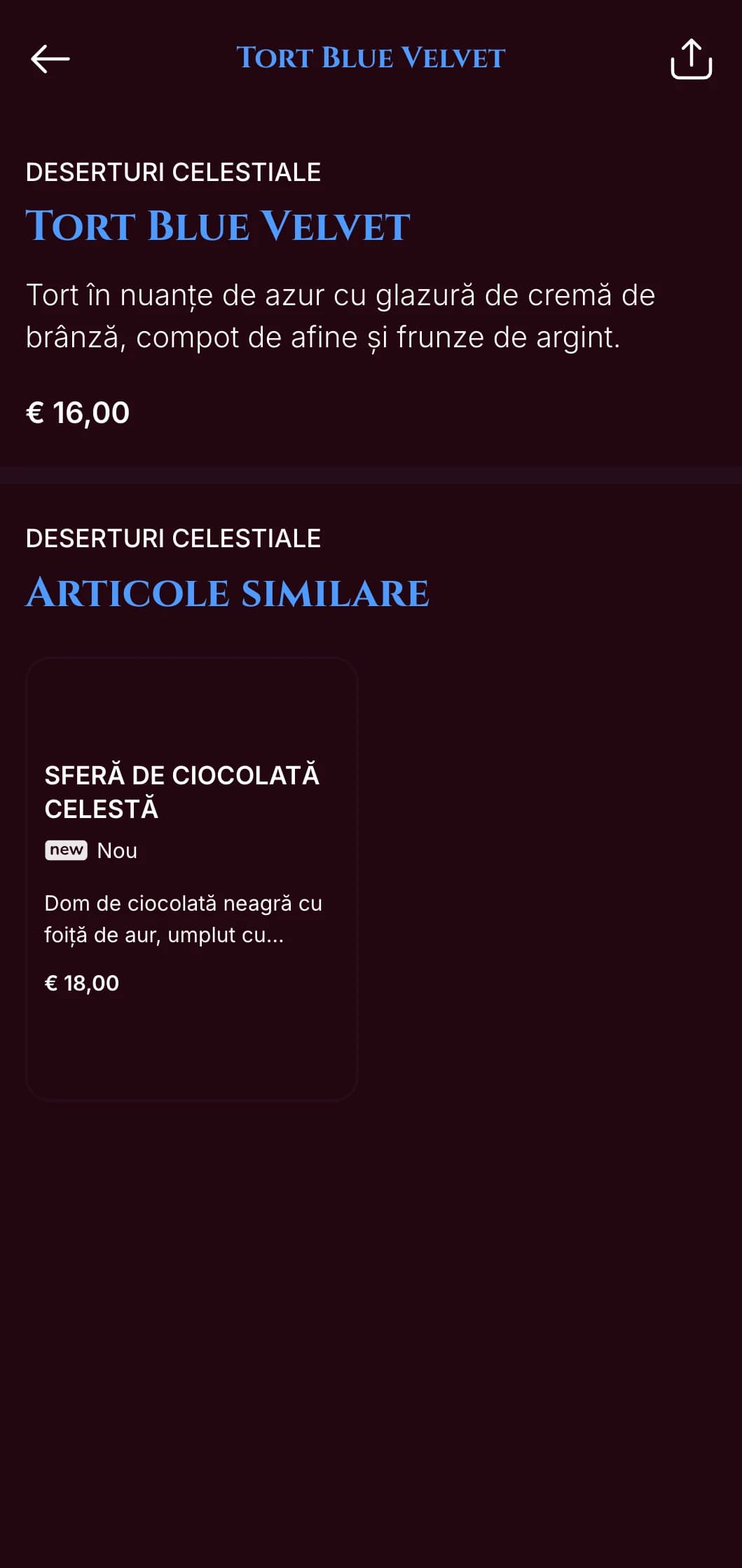 Un meniu de cină dramatic, albastru miezul nopții, cu accente aurii, conceput pentru localurile de luat masa de seară cu o atmosferă luxoasă.