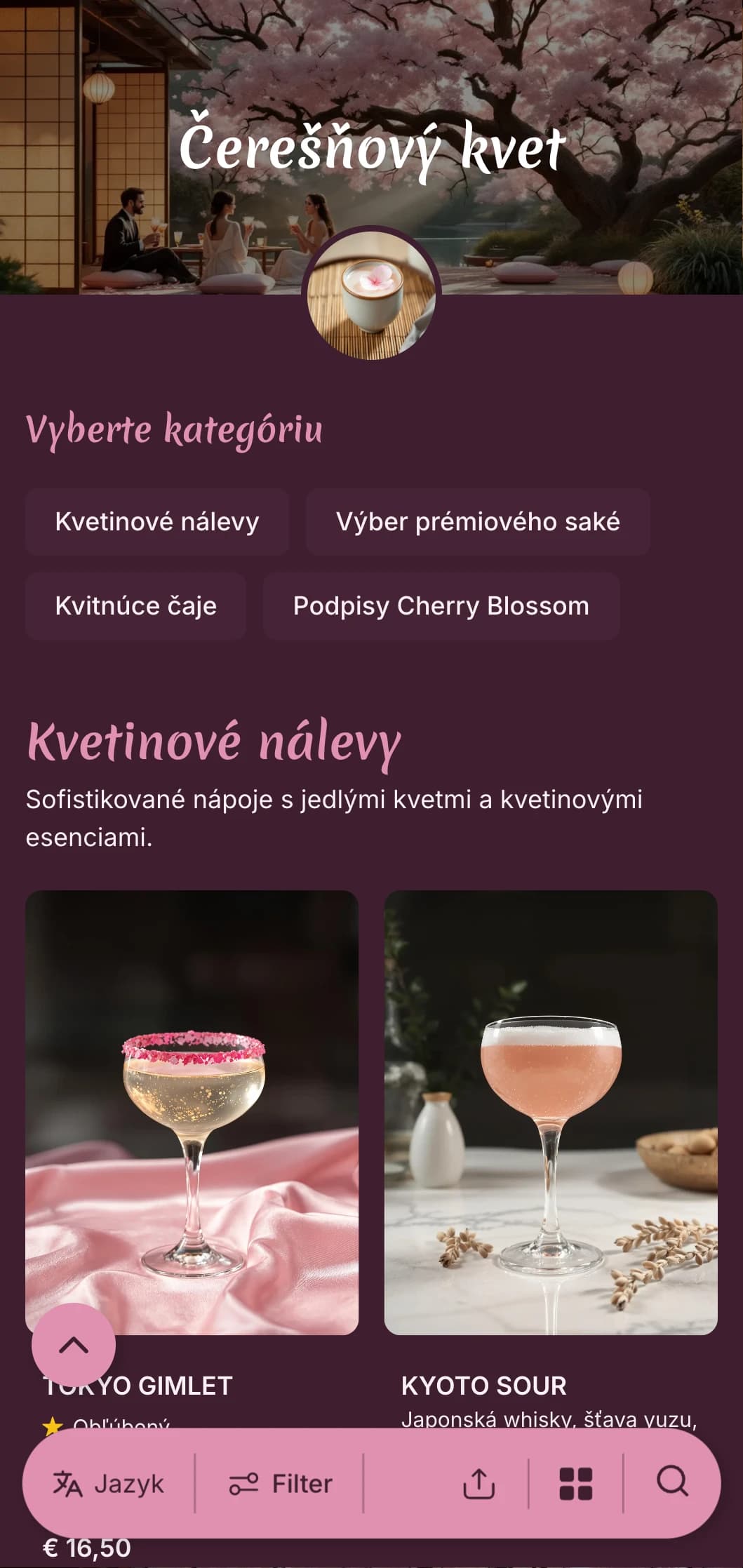 Jemný ružový dizajn inšpirovaný kvetmi s japonskými vplyvmi na rafinované koktailové zážitky.
