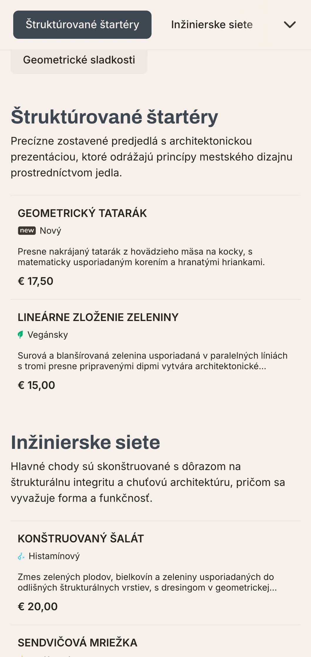 Odvážny, architektonický dizajn obedového menu s výraznými líniami a mestskými prvkami, ideálny pre moderné reštaurácie v obchodných štvrtiach a moderných projektoch.