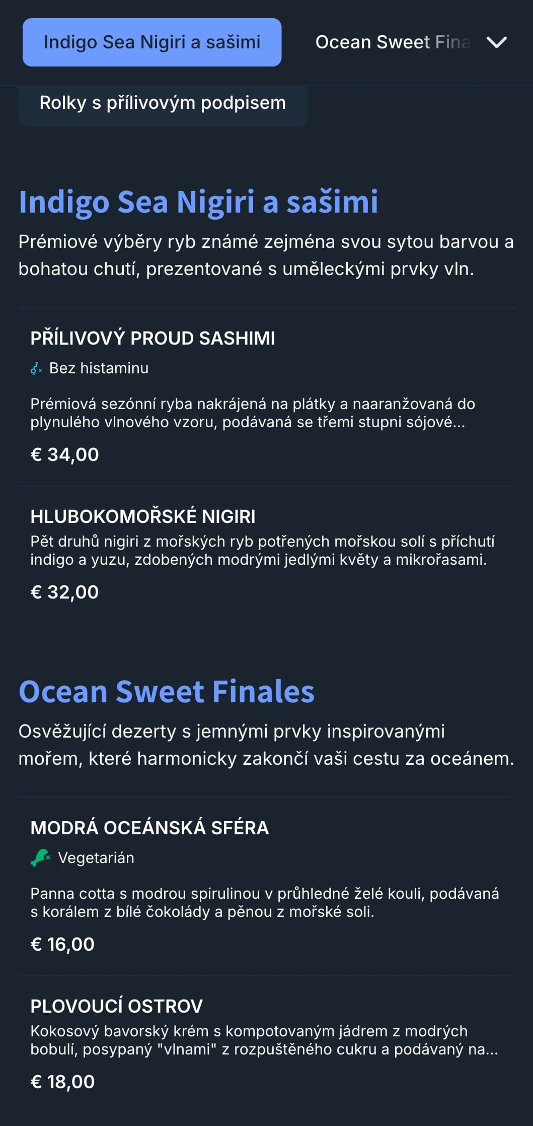 Menu sushi inspirované oceánem s hlubokými indigovými vlnami a moderním designem pro restaurace zaměřené na mořské plody.