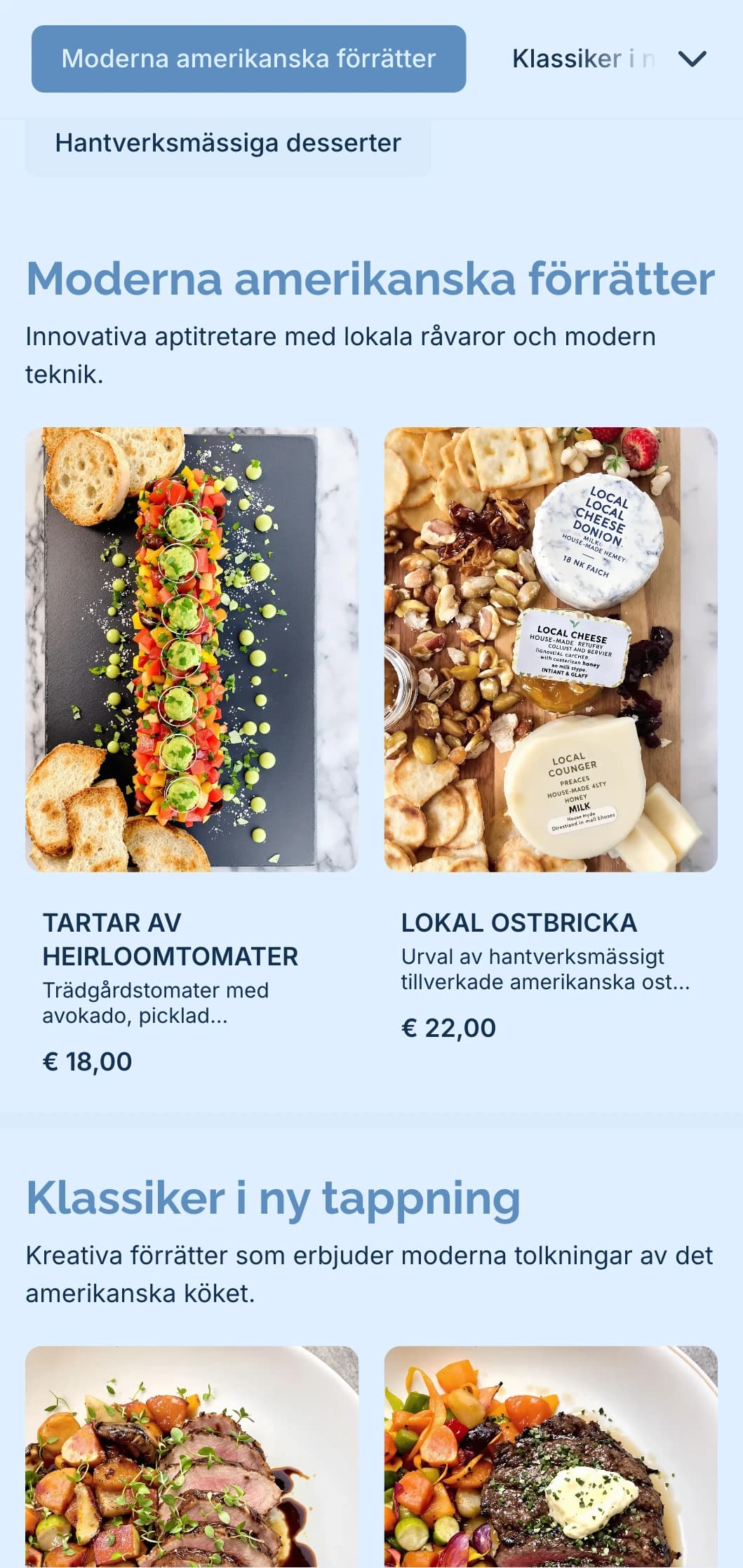 Modern amerikanskinspirerad catering med lokala råvaror, innovativa tekniker och modern presentation för sofistikerade evenemang.
