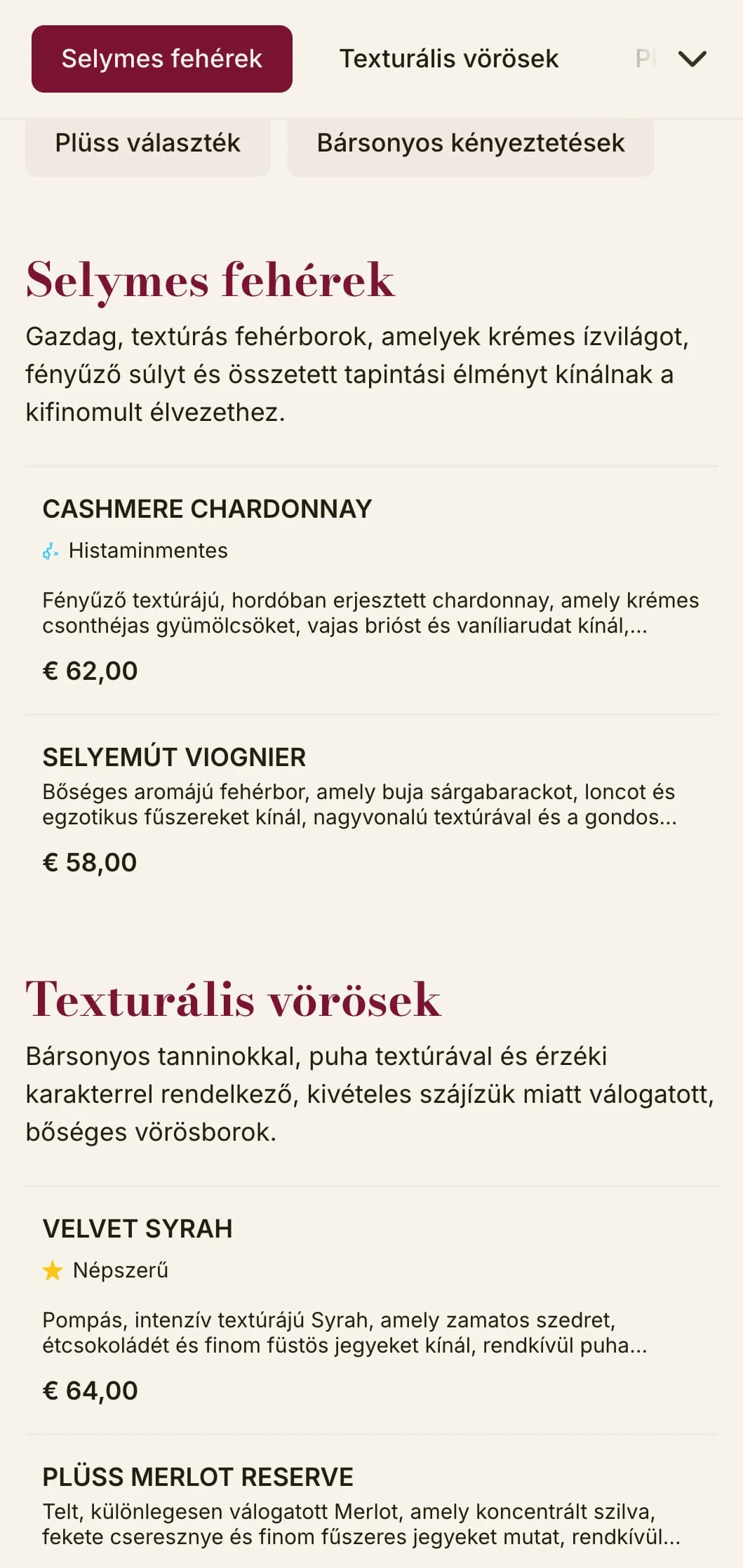 Gazdag textúrájú borlap sablon mélyvörös bársony hangsúlyokkal és luxus elemekkel, ideális előkelő borospincékhez és intim étkezési helyszínekhez.