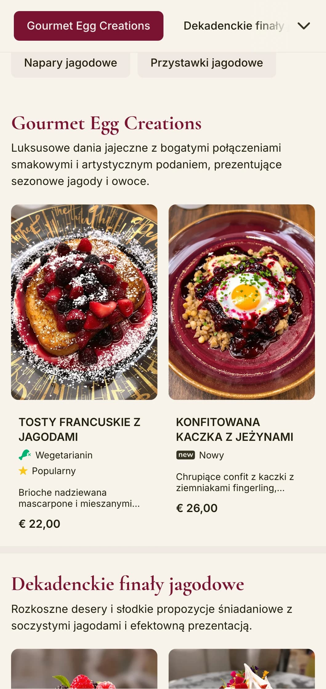 Żywy szablon brunchowy z bogatymi jagodowymi odcieniami i elegancką typografią, zaprojektowany dla kawiarni z charakterystycznymi daniami owocowymi.
