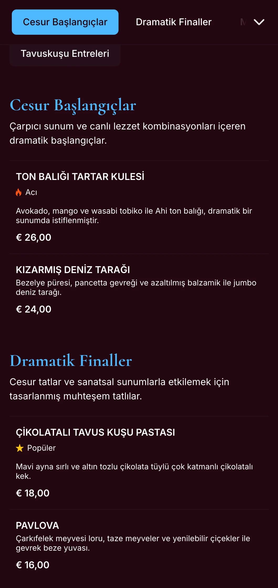 Cesur karaktere sahip restoranlar için tasarlanmış, zengin mücevher tonlarına ve dramatik bir stile sahip, tavus kuşu mavisi çarpıcı bir akşam yemeği menüsü.