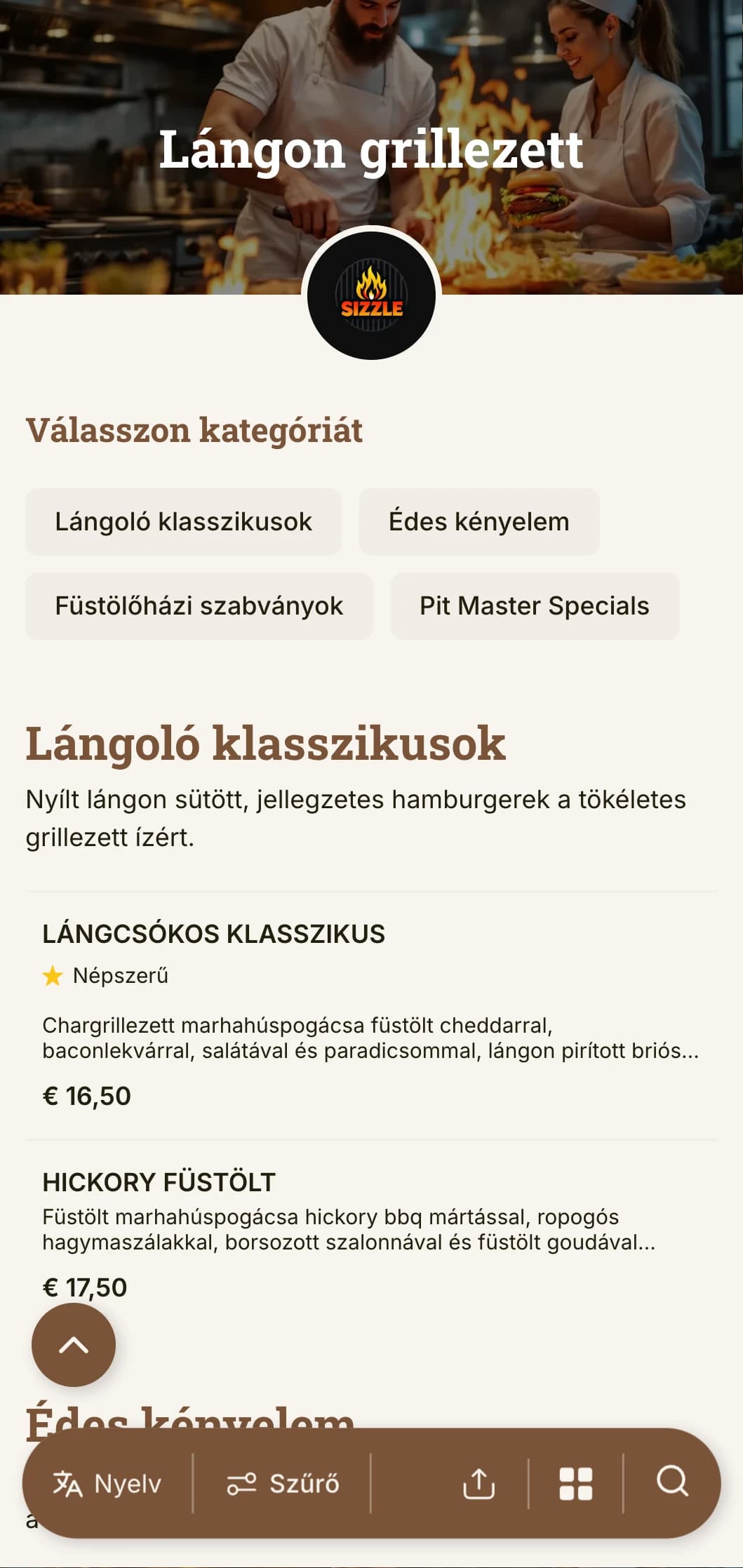 Merész, grillezésre összpontosító dizájn, meleg faárnyalatokkal és lángokkal az autentikus, faszénnel grillezett burger élményéért.
