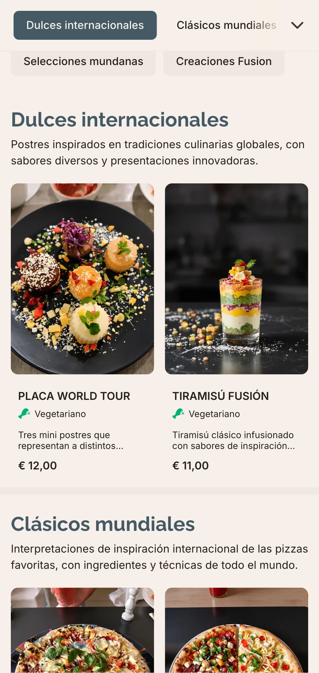 Carta de pizzas de fusión global con diseño contemporáneo para combinaciones de sabores innovadoras.