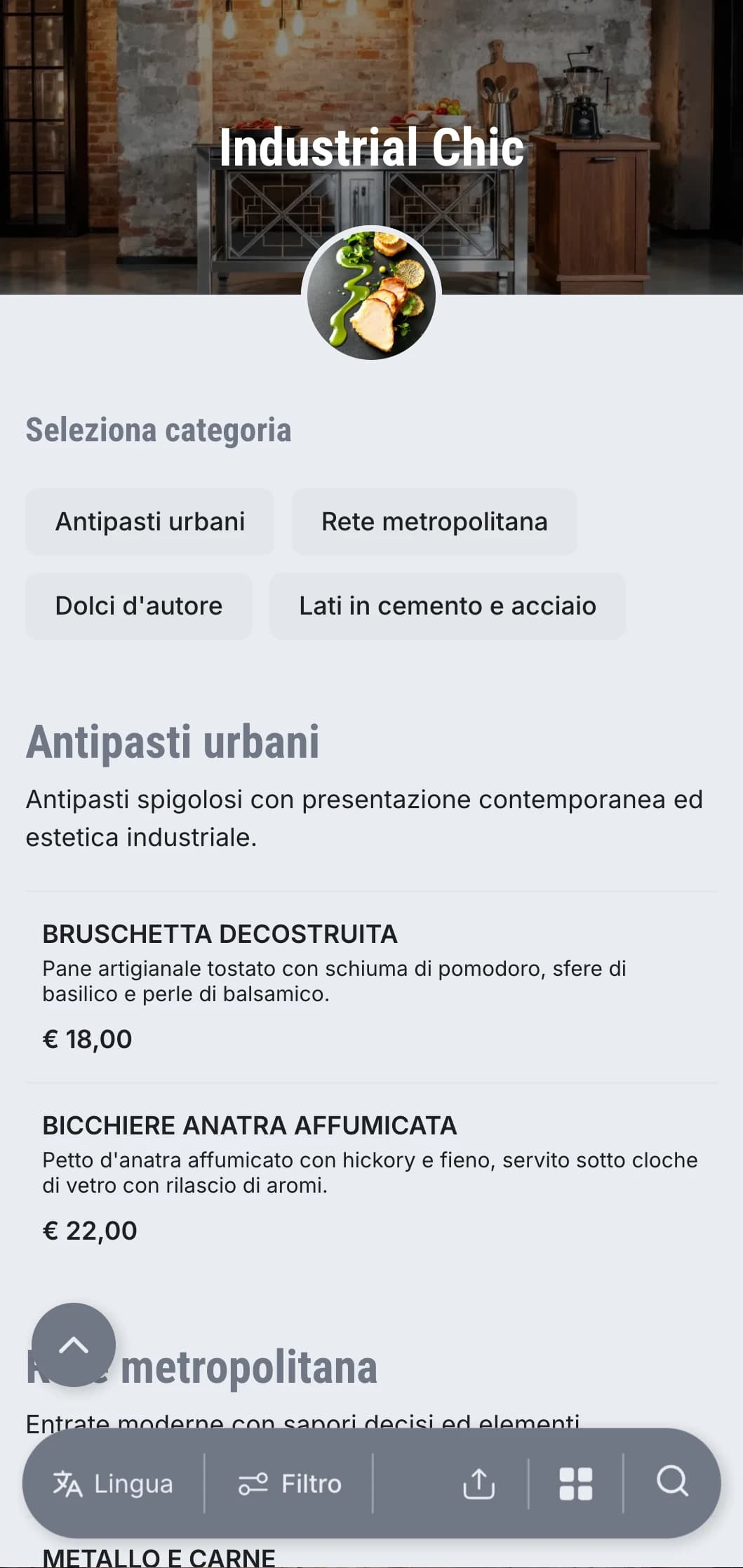 Presentazione del catering cruda e tagliente con un'estetica urbana moderna, elementi metallici e texture di cemento per eventi in magazzino e inaugurazioni di gallerie.