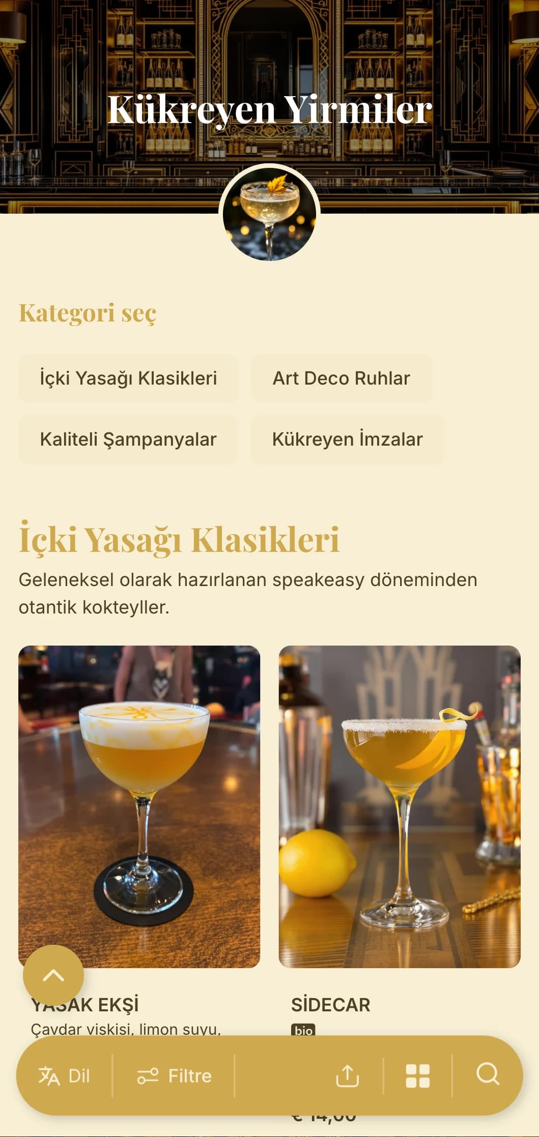 Lüks kokteyl barlar için 1920'lerin ihtişamından ilham alan altın ve siyah tasarım.