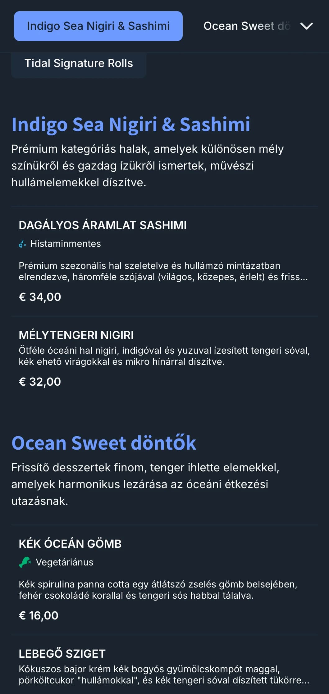 Óceán ihlette sushi menü mély indigó színű hullámokkal és kortárs dizájnnal a tenger gyümölcseire összpontosító éttermek számára.