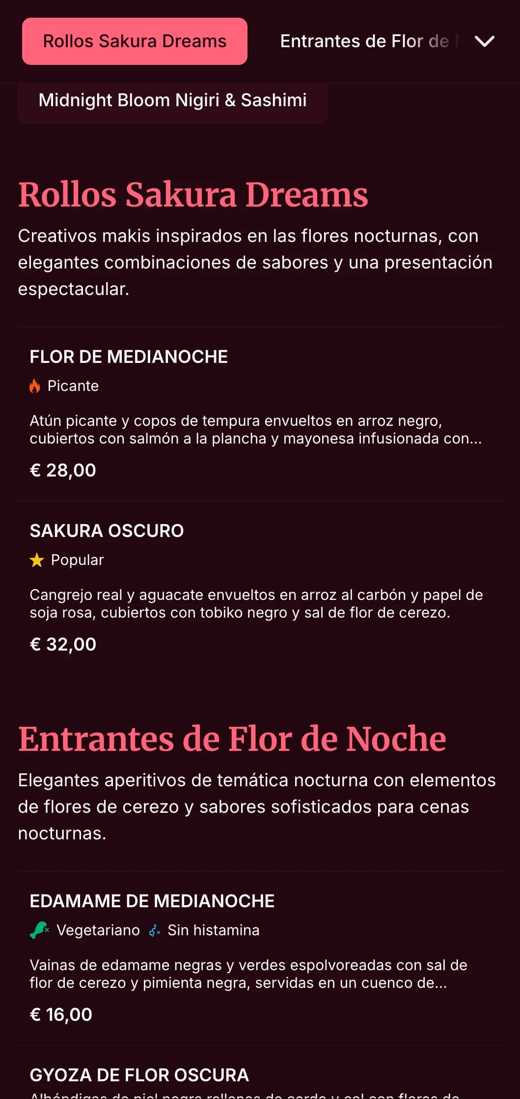 Elegante experiencia de sushi nocturno con espectaculares motivos de flores de cerezo sobre un intenso color burdeos para cenas de lujo.