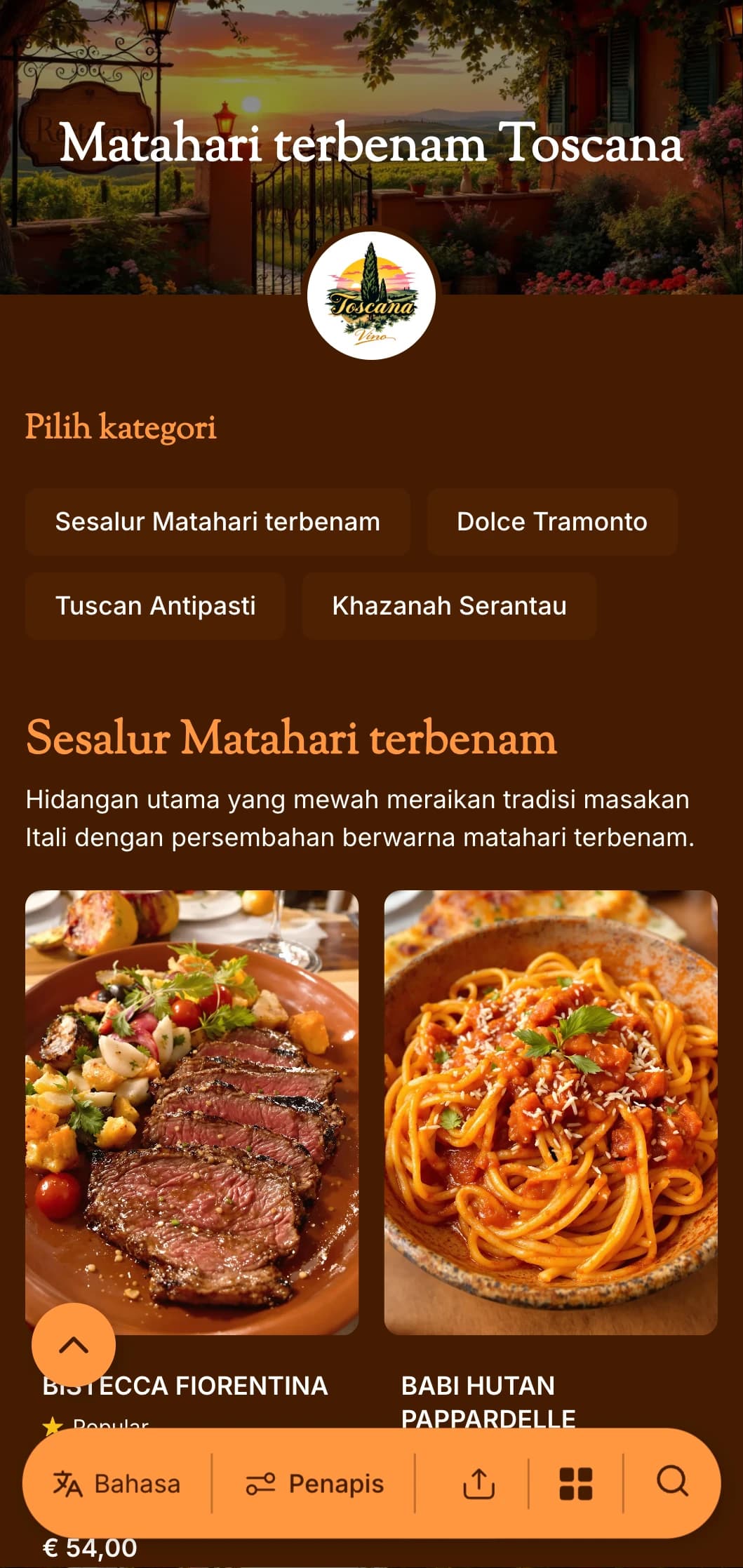 Menu makan malam yang hangat dan berinspirasikan Tuscan yang menampilkan tona terracotta dan elemen reka bentuk Itali, sesuai untuk restoran Itali asli.