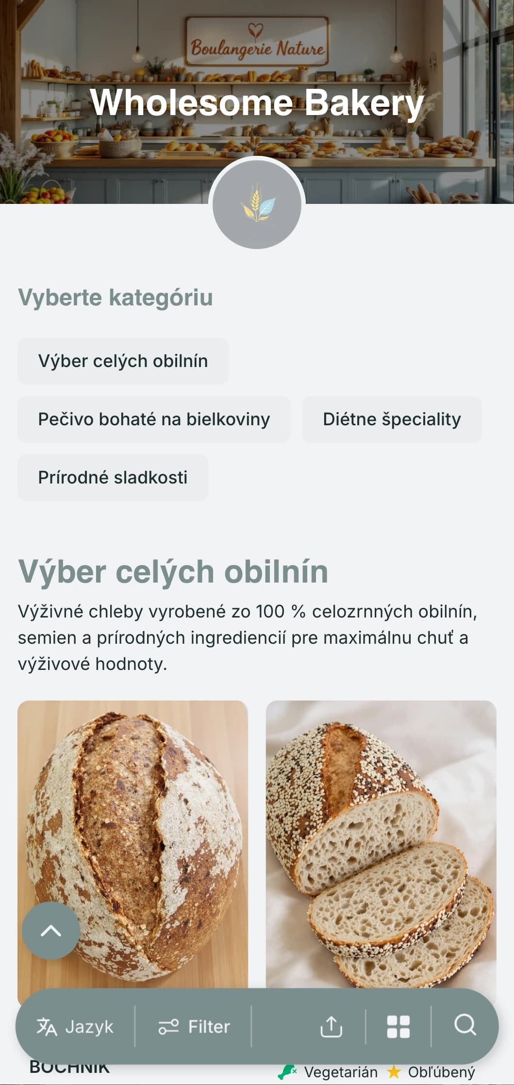 Dizajn jedálneho lístka pre pekárne so zdravým stravovaním s prírodnými modro-šedými tónmi a čistou typografiou, ideálny pre pekárne zamerané na zdravé ingrediencie a diétne možnosti.