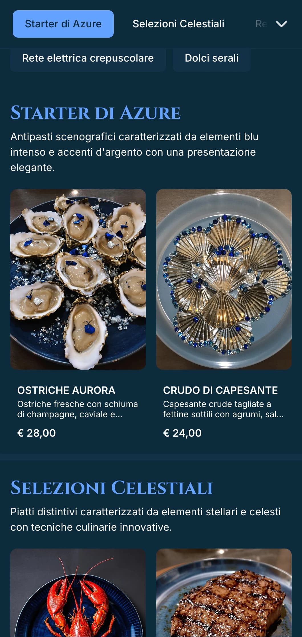 Un menu di ispirazione crepuscolare e accenti d'argento, pensato per una cena sofisticata.