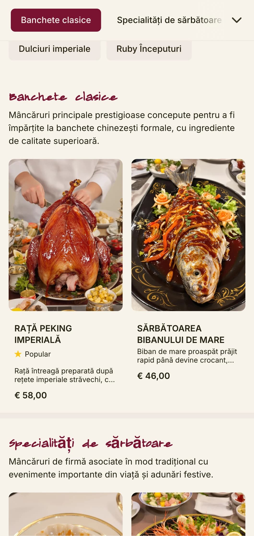 Meniu chinezesc luxos inspirat de banchete imperiale, cu accente rubinii pentru bucătăria festivă și de sărbătoare.