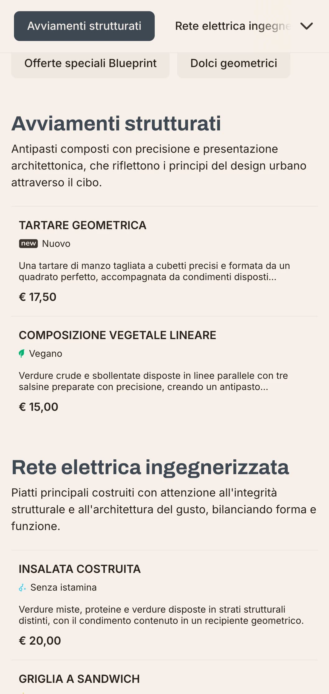 Design audace e architettonico per il menu del pranzo, con linee decise ed elementi urbani, ideale per ristoranti contemporanei in quartieri commerciali e sviluppi moderni.