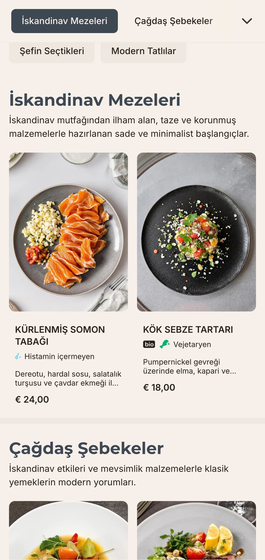 İskandinav etkilerine sahip, geniş beyaz alan ve geometrik unsurlar içeren, çağdaş yemek mekanları için ideal, sade ve minimalist bir akşam yemeği menüsü tasarımı.