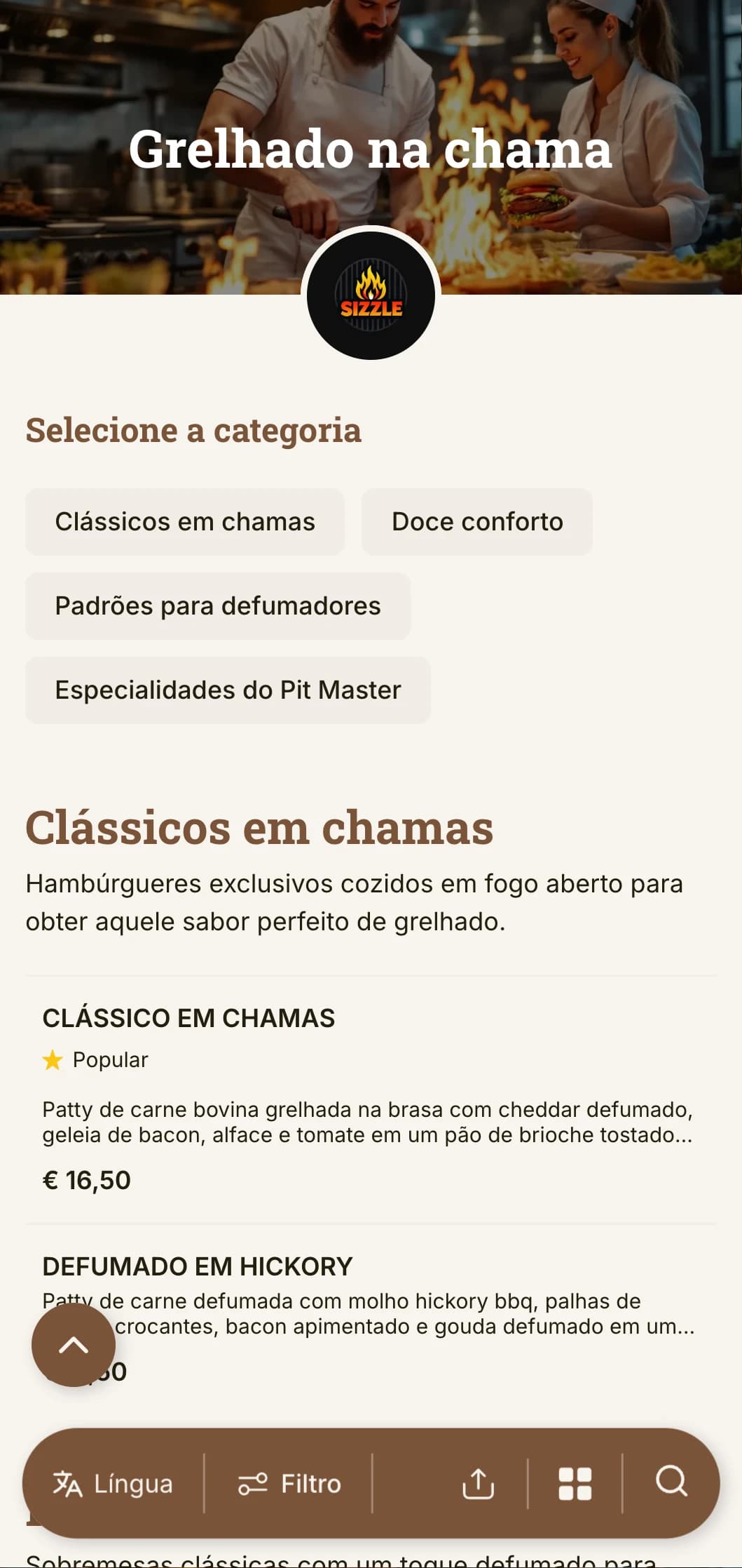 Design arrojado com foco na grelha, com tons quentes de madeira e toques de chama para uma autêntica experiência de hambúrguer grelhado na brasa.
