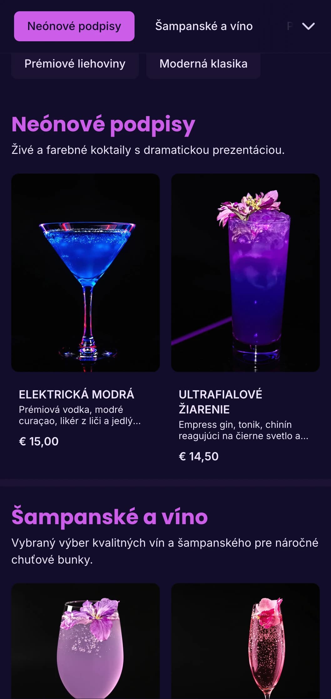 Žiarivý fialový a ultrafialový dizajn pre módne nočné kluby a koktailové salóny.
