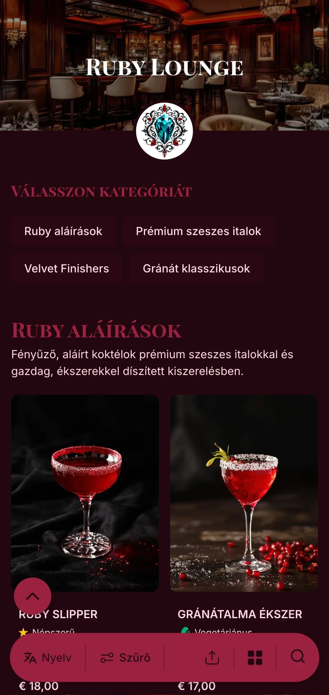 Fényűző, ékszertónusú design előkelő koktélbárok és társalgók számára, gazdag rubinszínű hangsúlyokkal és elegáns tipográfiával.