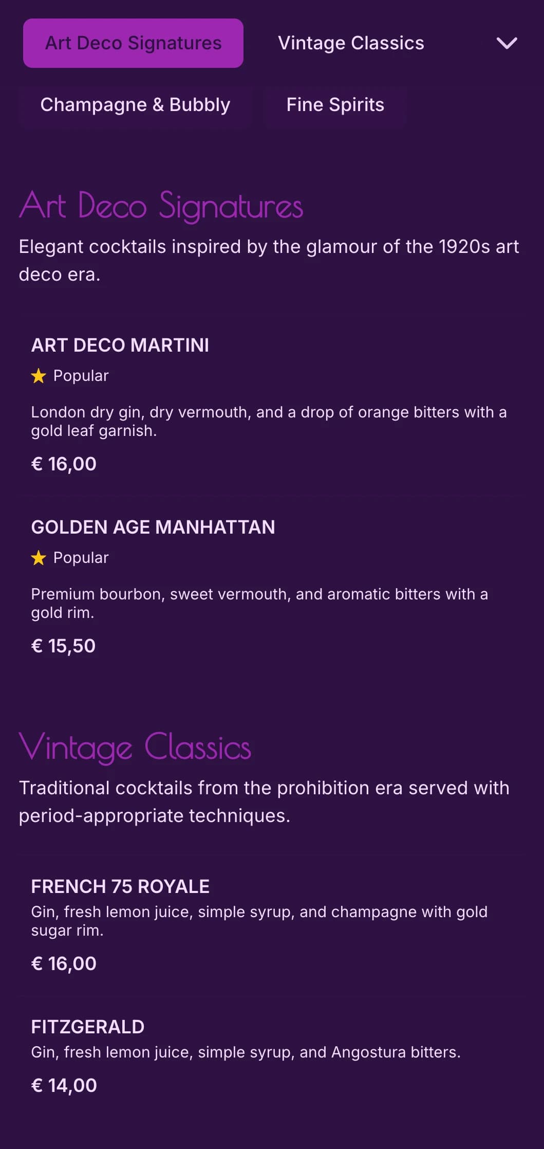Elegant purple and gold design inspired by 1920s art deco for upscale cocktail lounges.