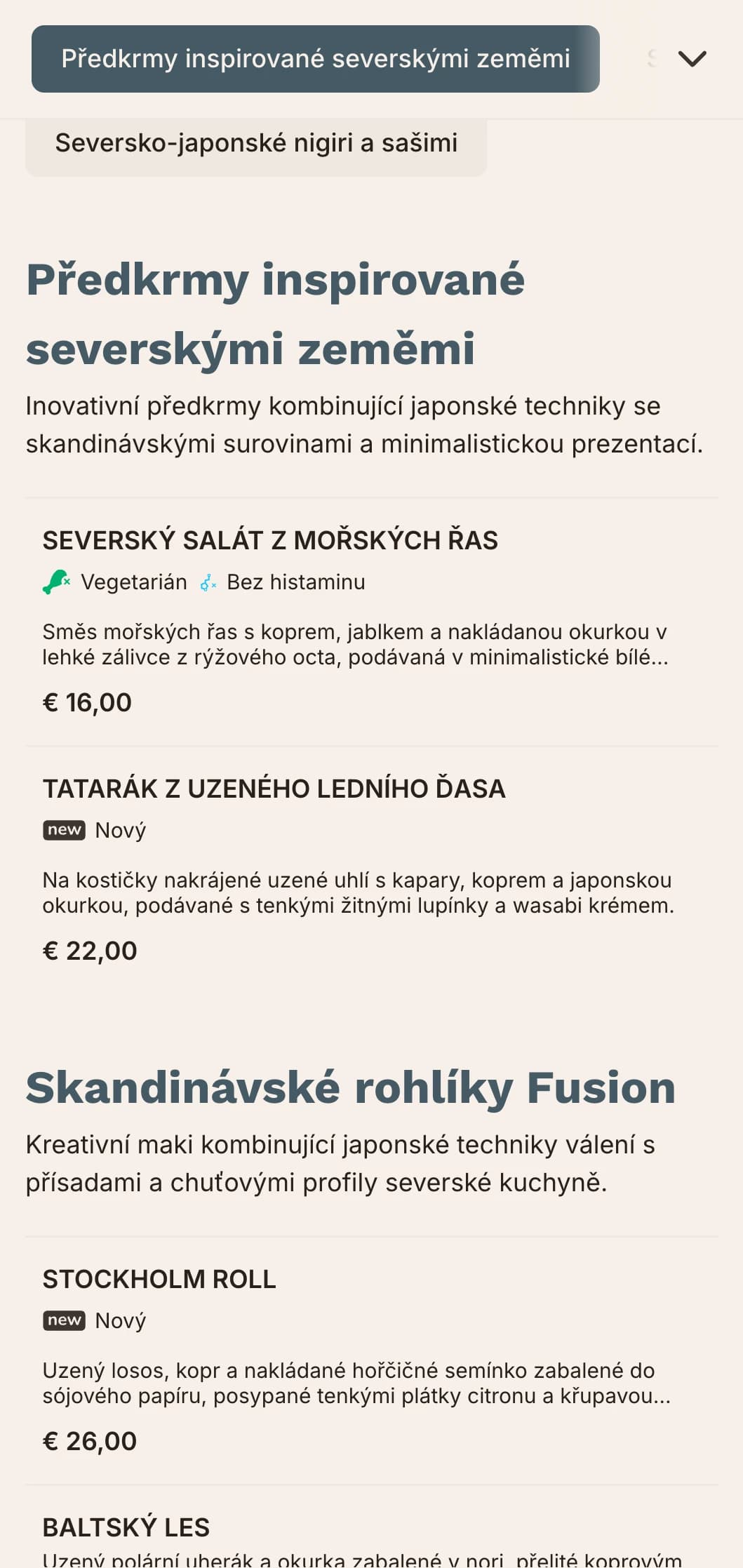 Moderní fusion sushi menu kombinující japonské tradice se skandinávským minimalismem, čisté linie a tlumená modrá.