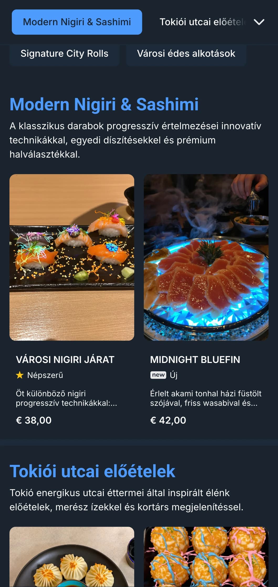 Merész, kortárs sushi menü drámai, éjszakai ihletésű esztétikával, vibráló kék akcentusokkal a mély, szénszínű háttér előtt.