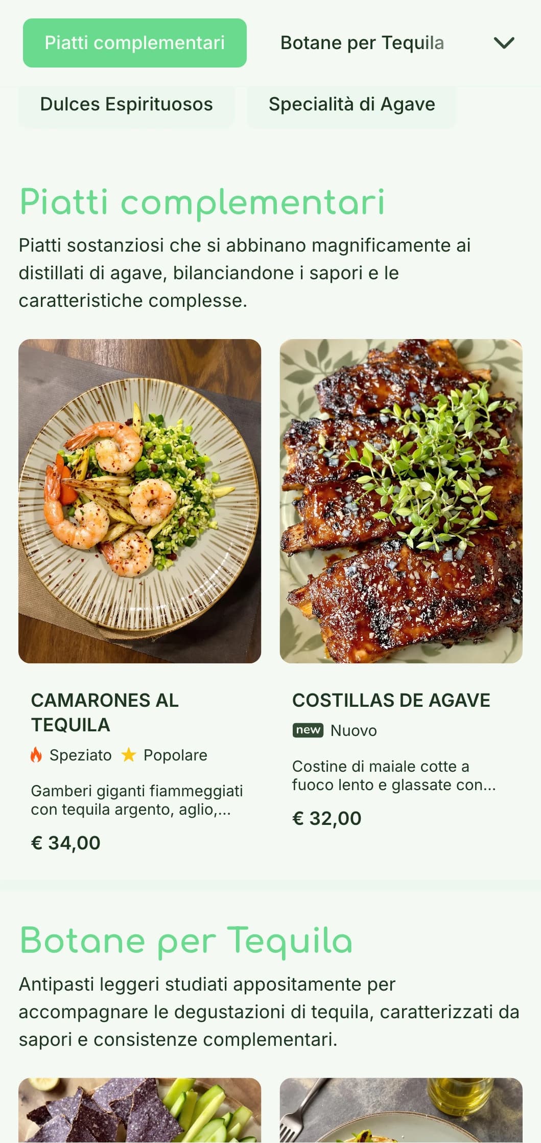 Un menu da tequila bar fresco e sofisticato con accenti di agave verde brillante, elementi botanici e voli di distillati premium con bocconcini abbinati.