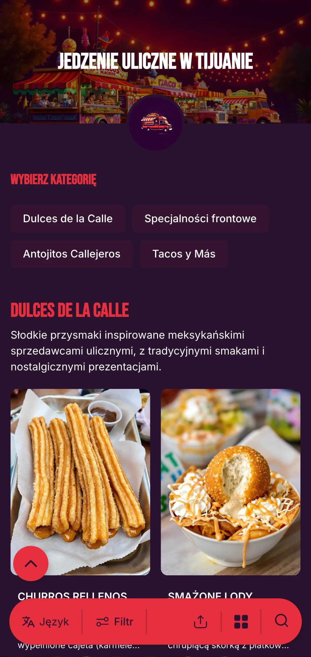 Odważne i energiczne menu street food inspirowane tętniącą życiem sceną kulinarną Tijuany z jasnymi kolorami, swobodną typografią i autentycznymi specjałami taco.