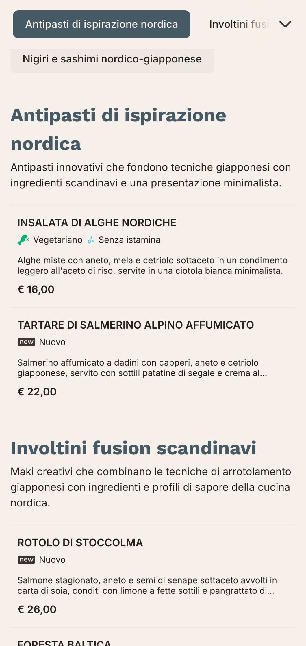 Menu di sushi fusion contemporaneo che combina le tradizioni giapponesi con il minimalismo scandinavo, caratterizzato da linee pulite e blu tenui.