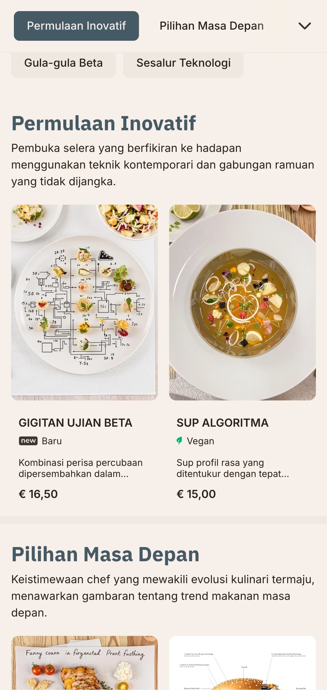 Reka bentuk menu makan tengah hari yang inovatif dan berinspirasikan teknologi dengan elemen digital dan estetika futuristik, sesuai untuk restoran di daerah teknologi dan hab inovasi.