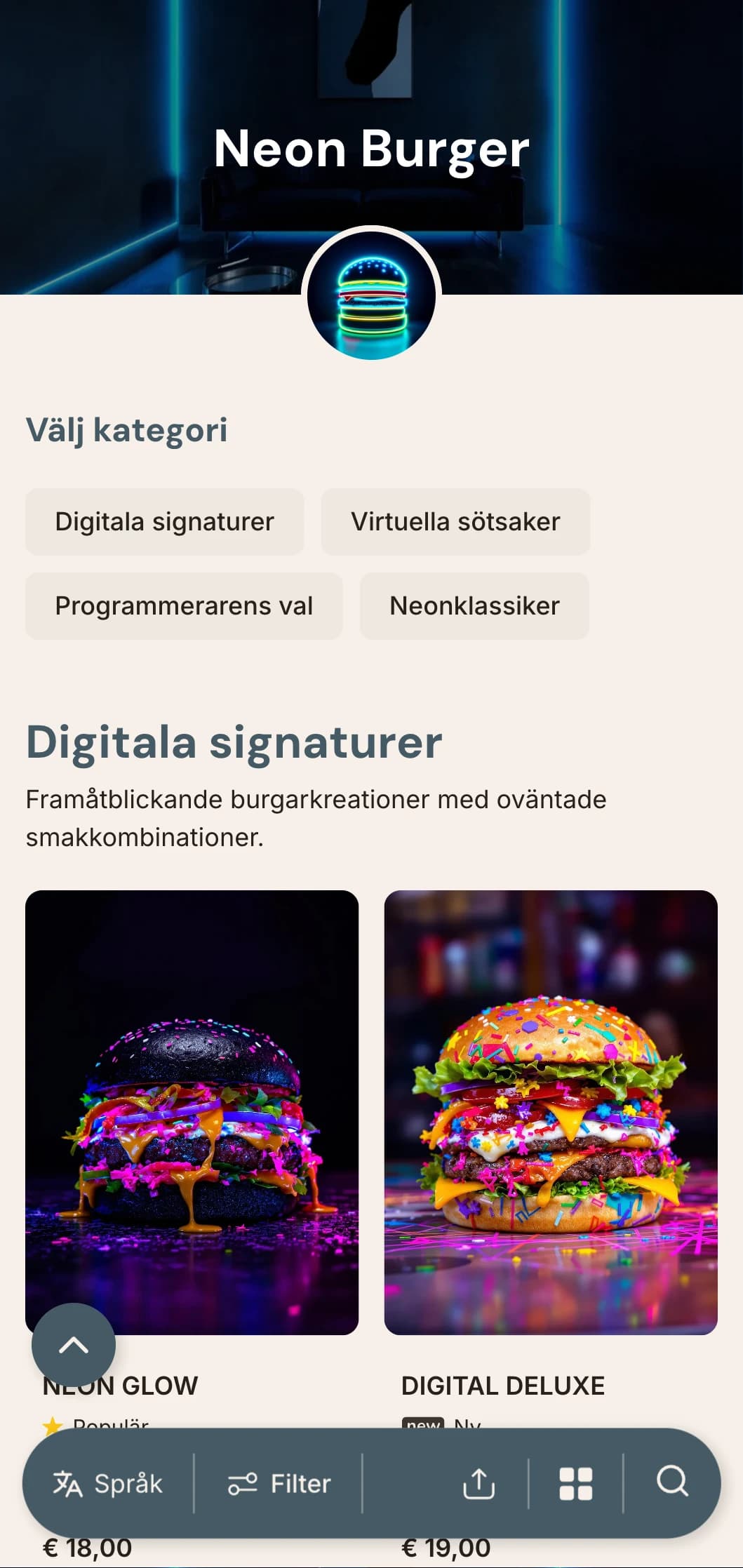 Livlig nattlivsinspirerad hamburgerbar med neonfärgade accenter och modern urban atmosfär.