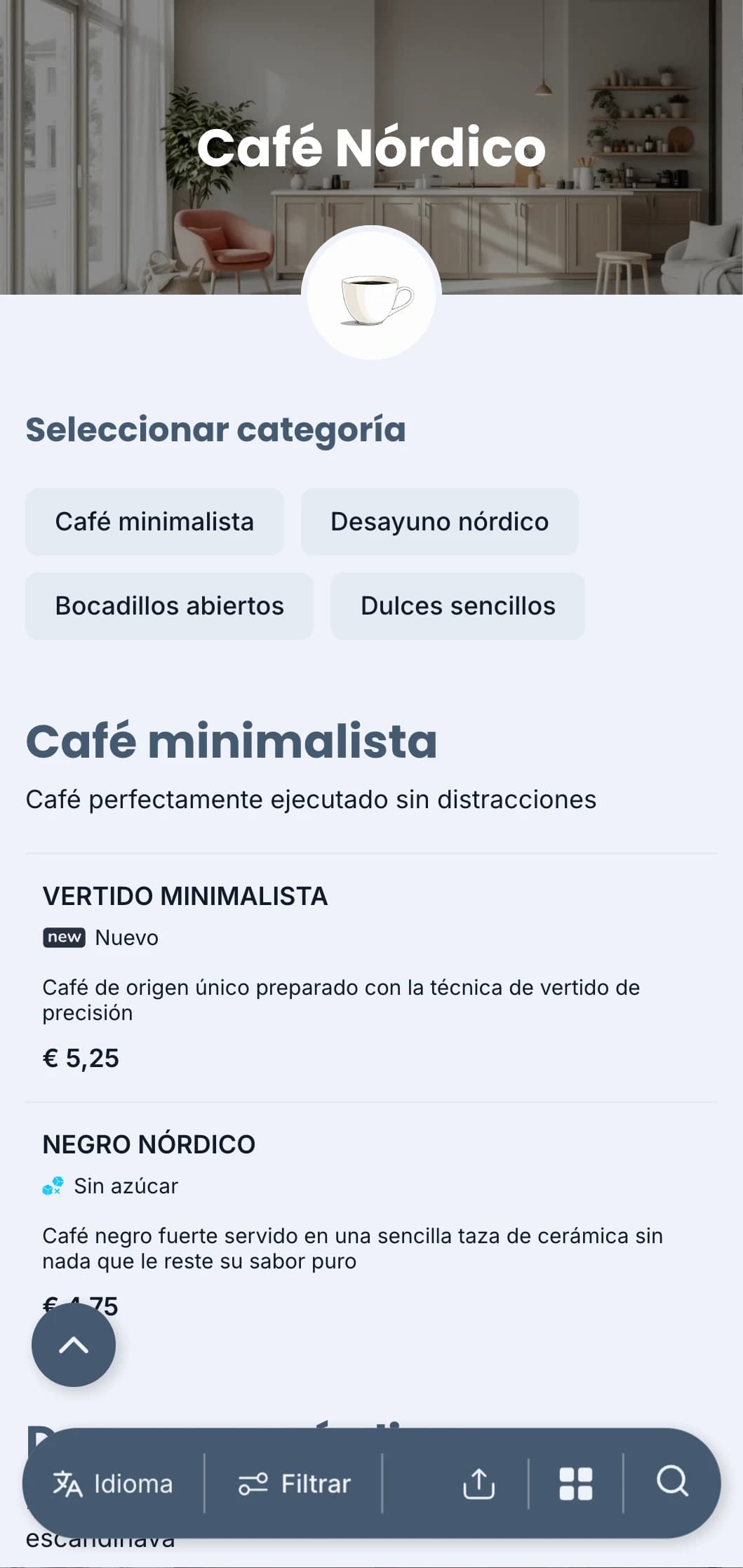 Diseño limpio de inspiración escandinava con fríos tonos azules para cafeterías minimalistas modernas.