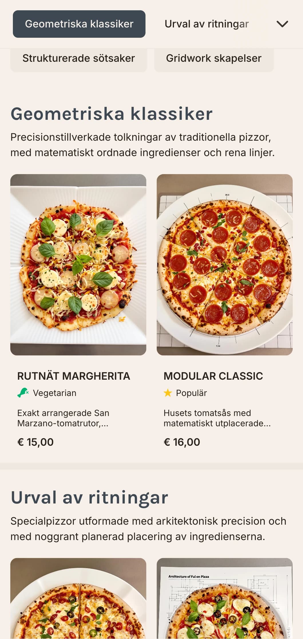 Geometrisk modern pizzameny med rutnätslayout och exakta designelement.