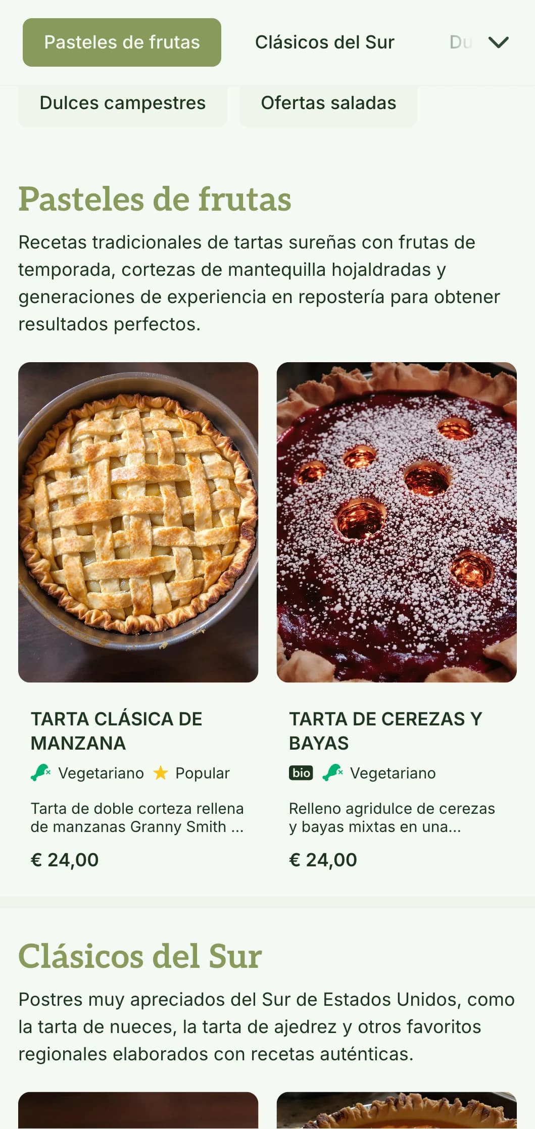 Un diseño de menú de panadería cálido, de inspiración sureña, con tonos oliva y tipografía tradicional, perfecto para pastelerías y panaderías de estilo sureño.