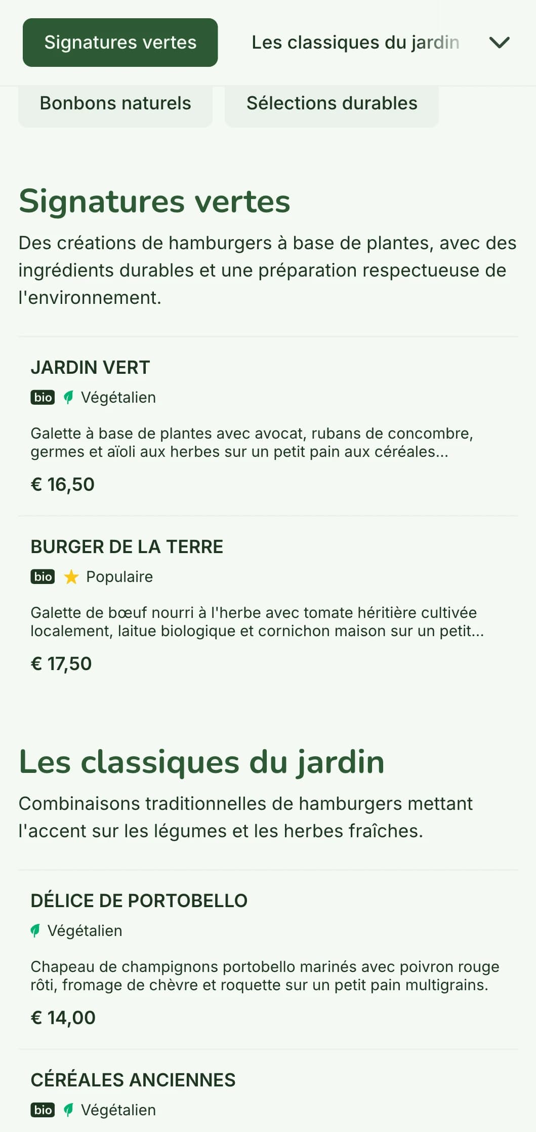 Menu de burgers écoconscients axés sur le développement durable, avec des matériaux naturels et des options à base de plantes.