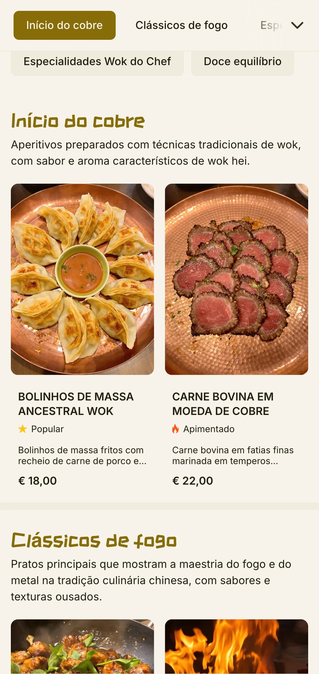 Design de cardápio chinês quente inspirado na culinária wok tradicional, com detalhes em cobre e elementos culinários autênticos.