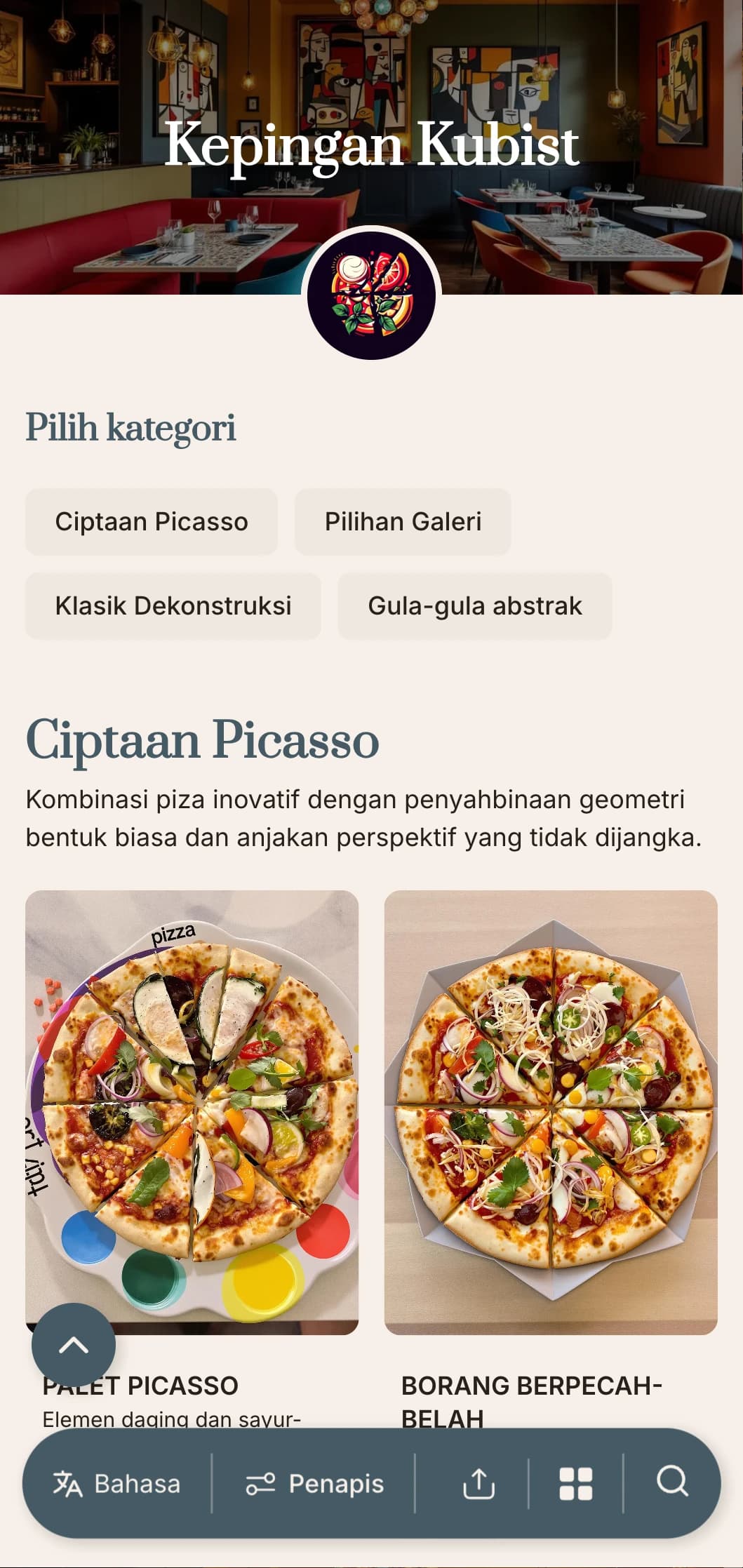 Menu piza yang diinspirasikan oleh Picasso dengan unsur geometri abstrak dan reka letak artistik.