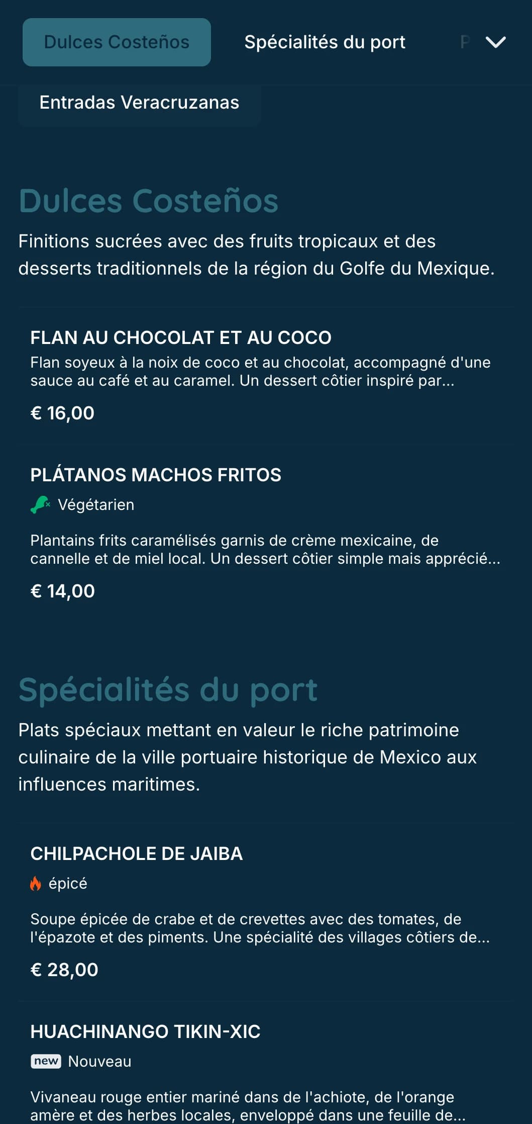 Menu côtier frais et savoureux mettant en valeur les spécialités de fruits de mer de Veracruz avec des accents turquoise, des images côtières et des préparations de poissons caractéristiques.