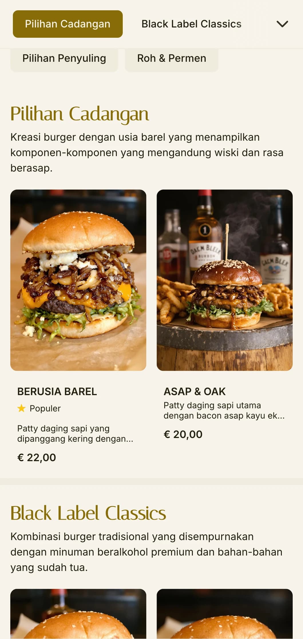 Bar burger premium yang terinspirasi dari wiski dengan aksen kayu dan kulit berwarna gelap.