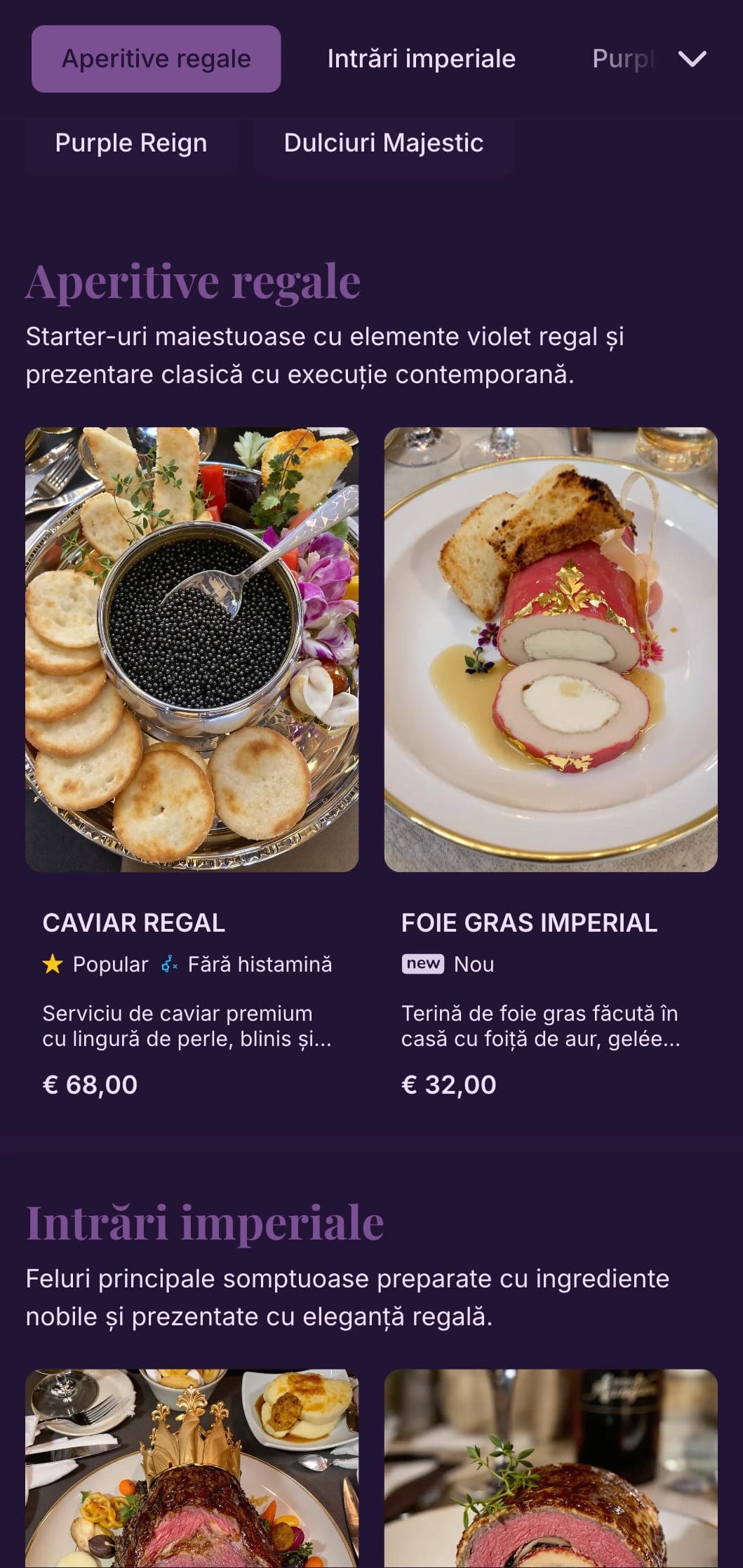 Concept maiestuos de servire a mesei, cu tonuri de mov regal și elemente de lux contemporane pentru o experiență nobilă.