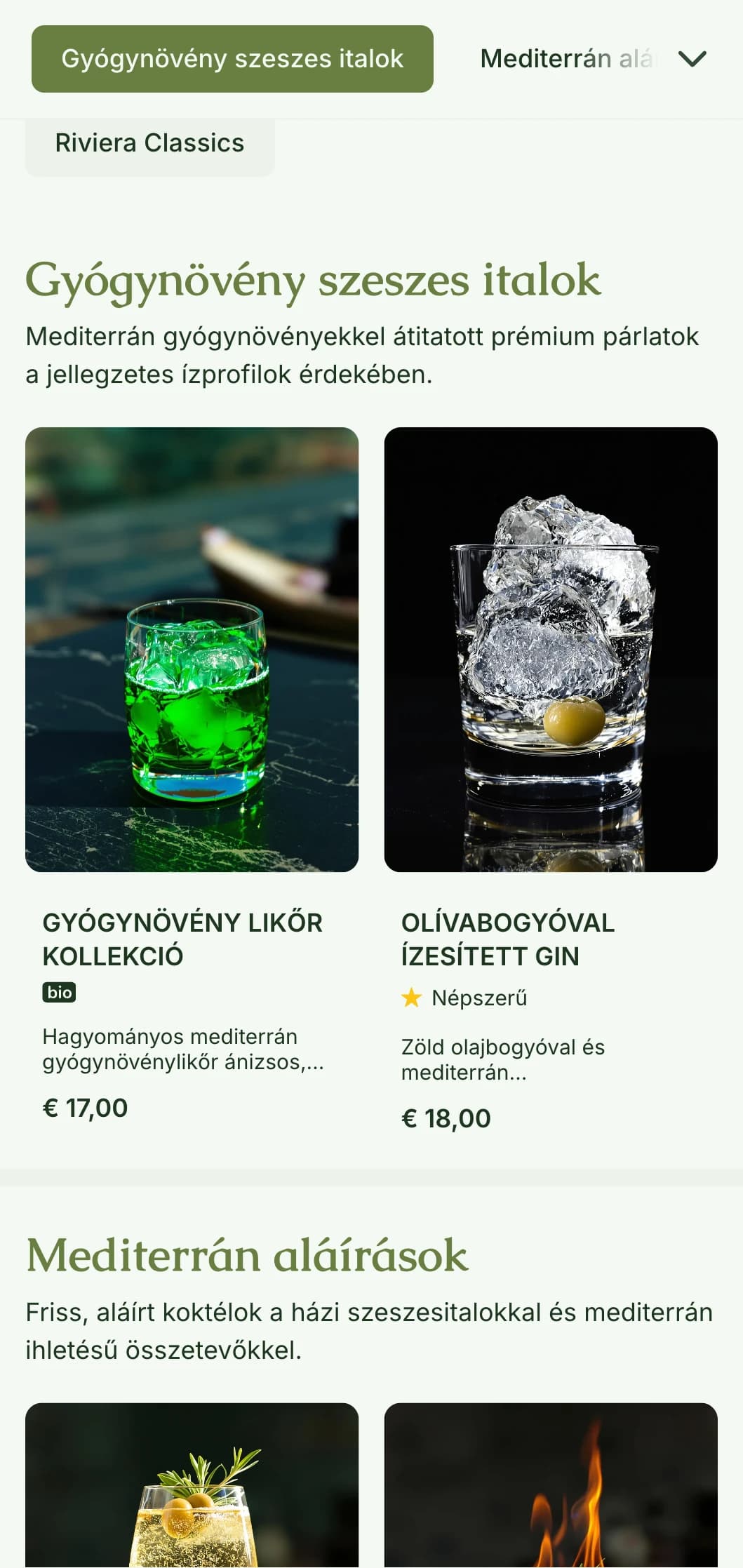 Mediterrán ihletésű design gyógynövénylikőrökre és botanikus koktélokra specializálódott bárok számára, olívazöld tónusokkal.