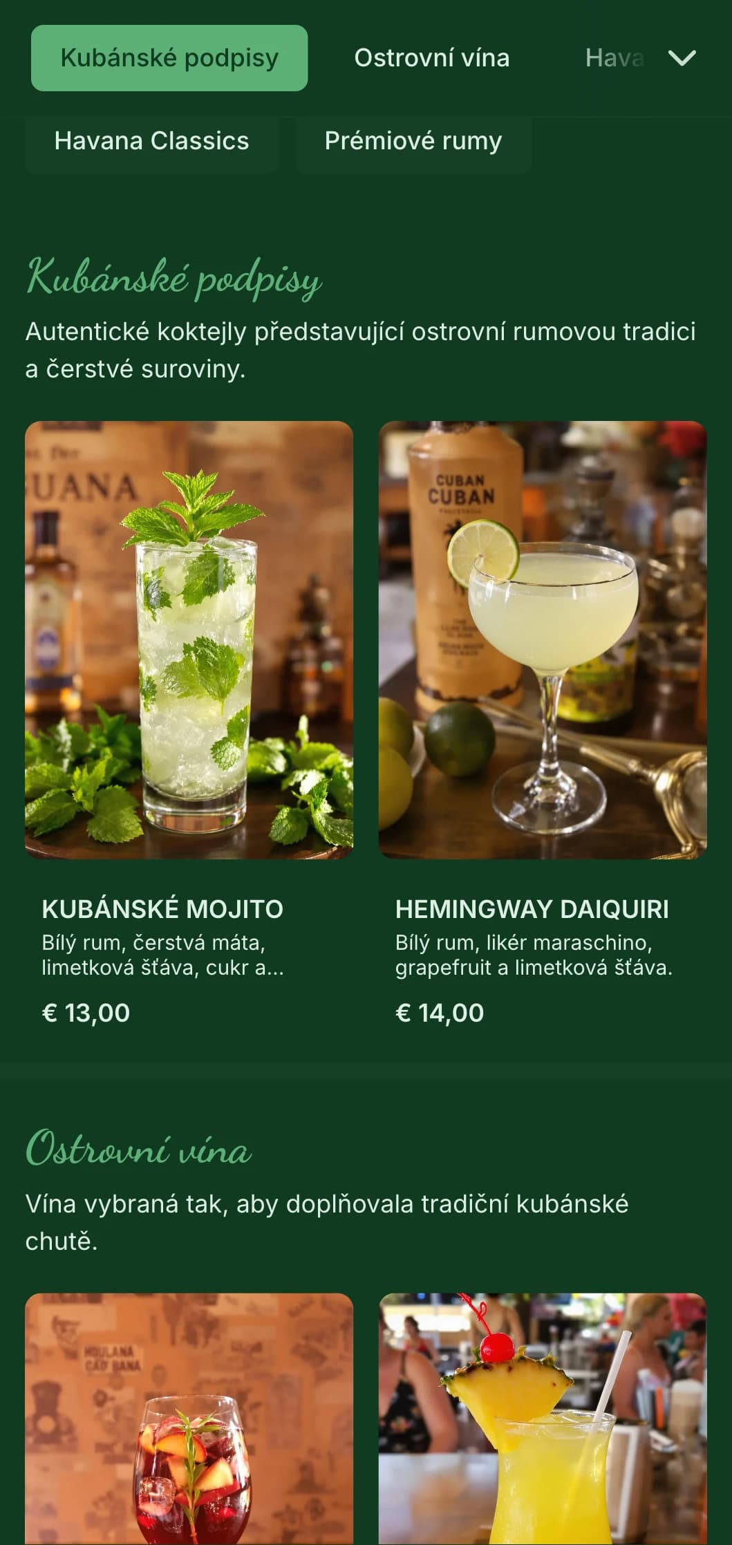 Tropický zelený design s vintage prvky pro rumové bary inspirované Kubou.