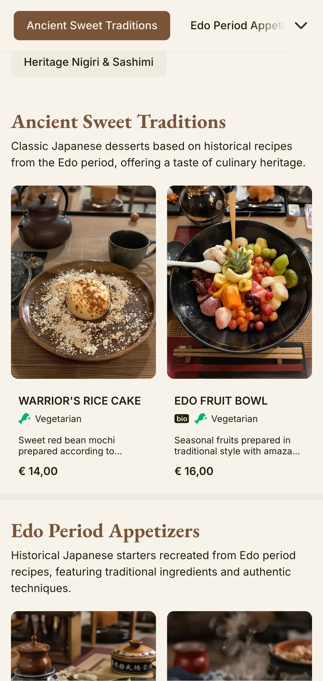 Historical Japanese-inspired sushi menu featuring traditional Edo period aesthetics with classic typography.