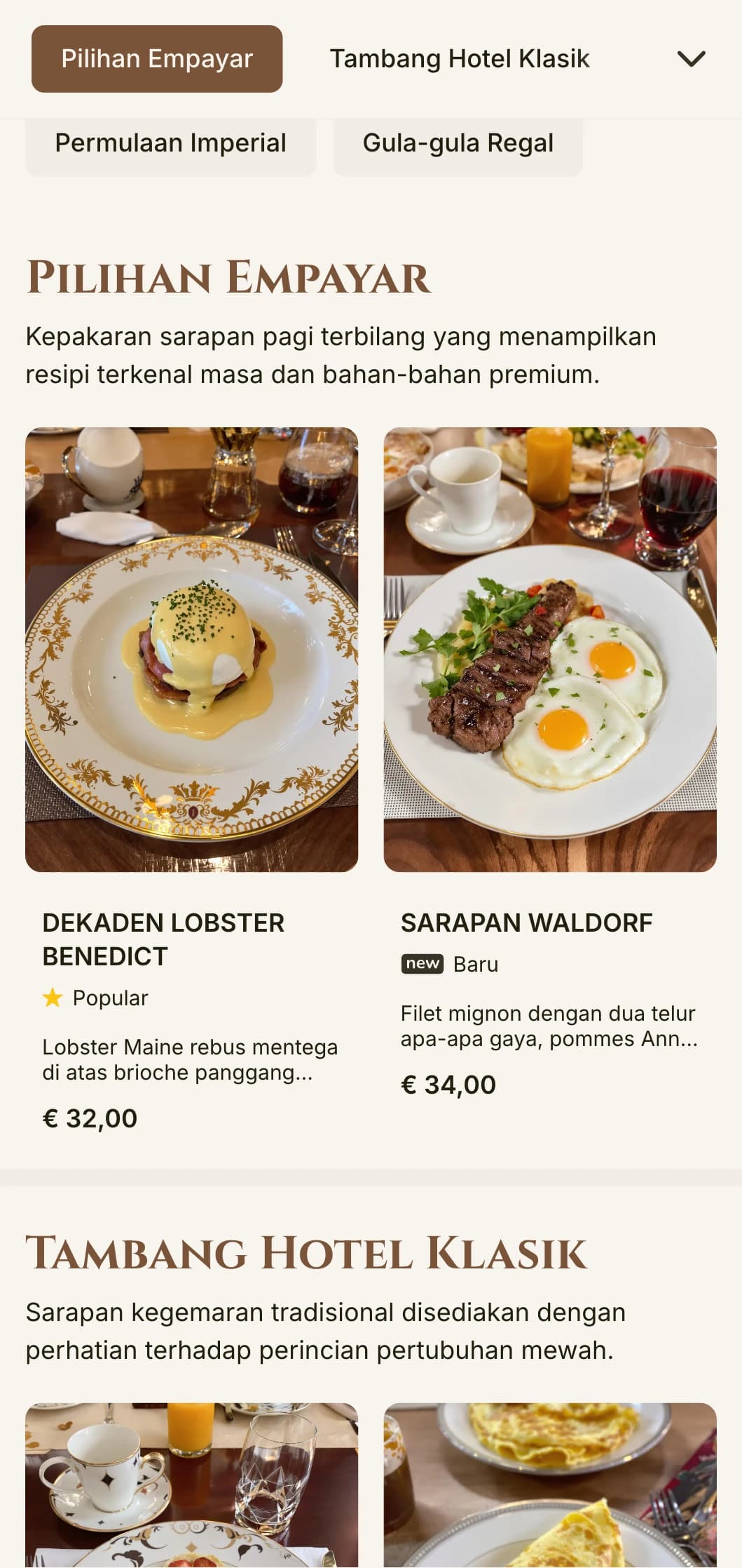 Pengalaman sarapan pagi yang hebat diilhamkan oleh zaman kegemilangan hotel mewah, disajikan dengan keanggunan formal.