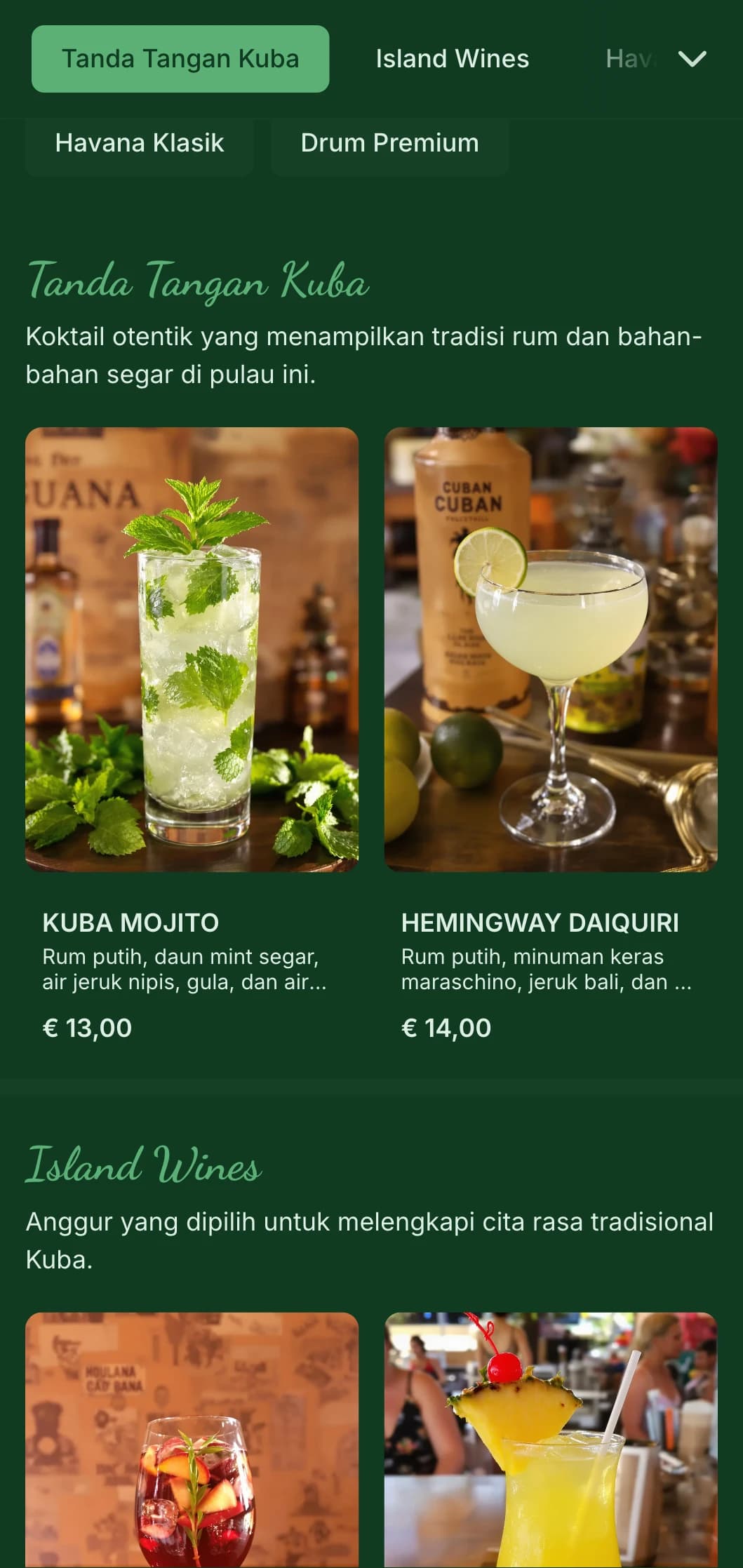 Desain hijau tropis dengan elemen vintage untuk bar rum yang terinspirasi dari Kuba.